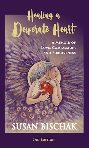Book cover titled 'Healing a Desperate Heart' with a woman holding a red heart, surrounded by purple flowers.