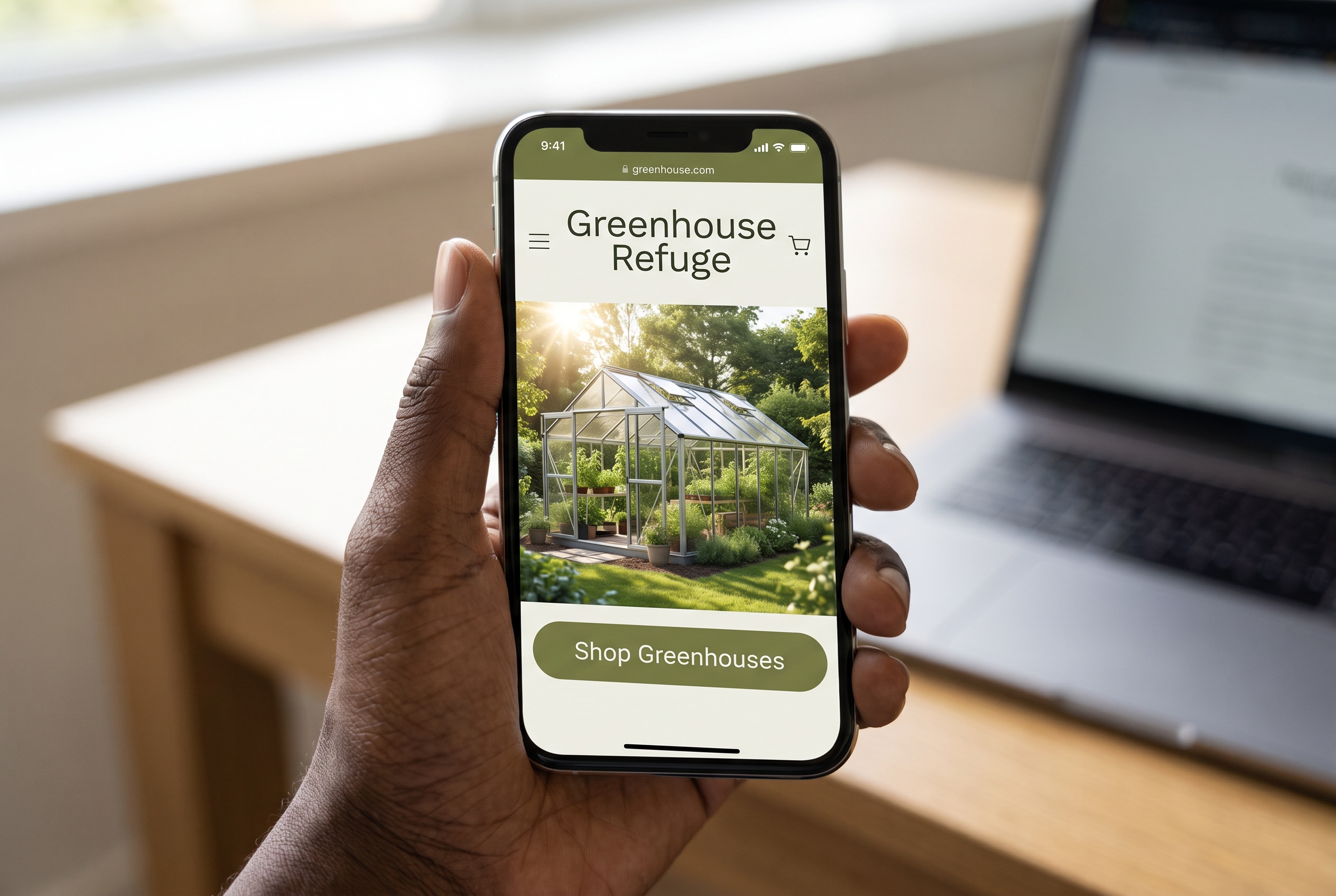 Person holding smartphone displaying a greenhouse refuge app with a green button to shop greenhouses, in a room with a laptop on a desk.