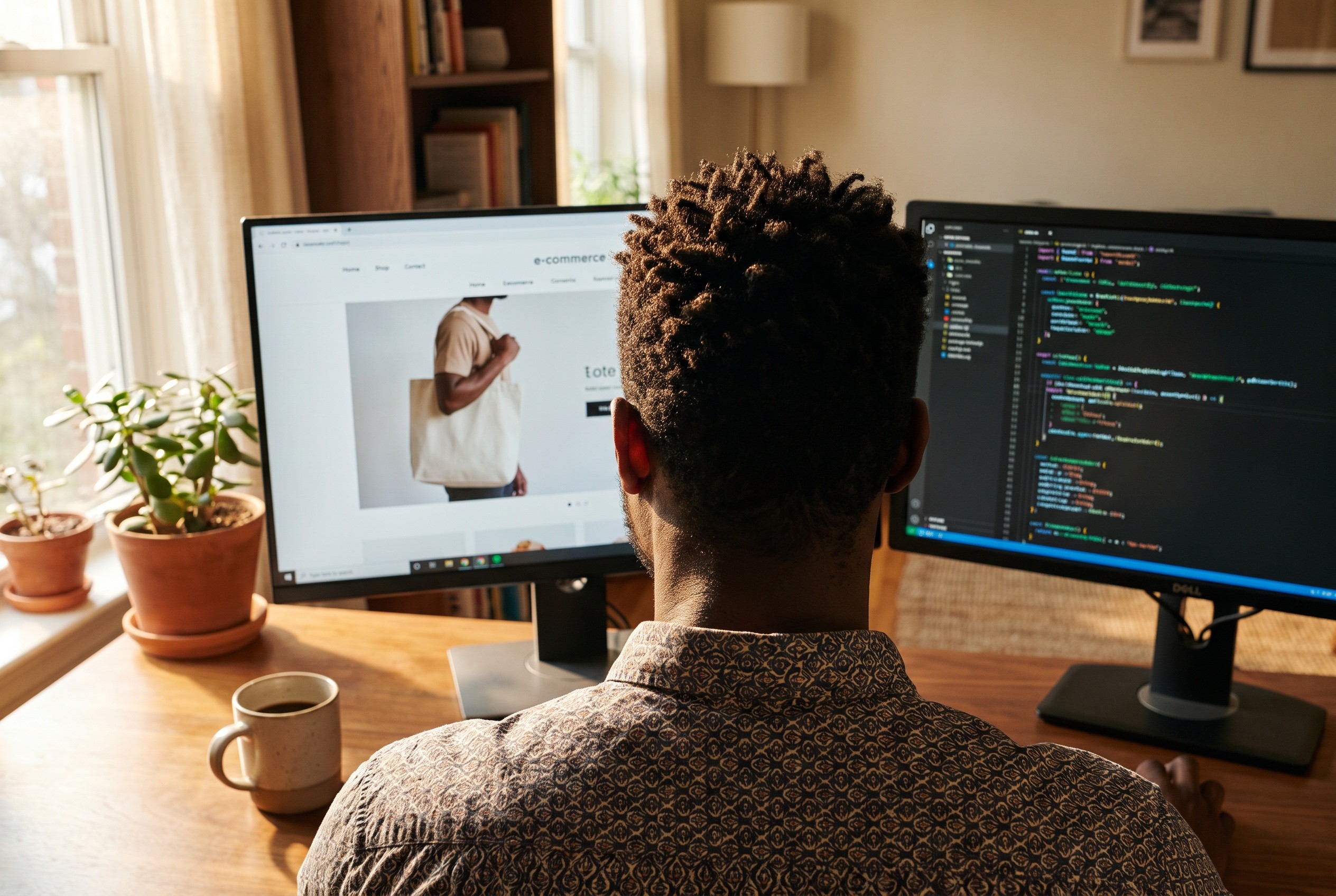 Person working at a desk with two monitors, one displaying a website and the other showing code, in a room with plants and sunlight.