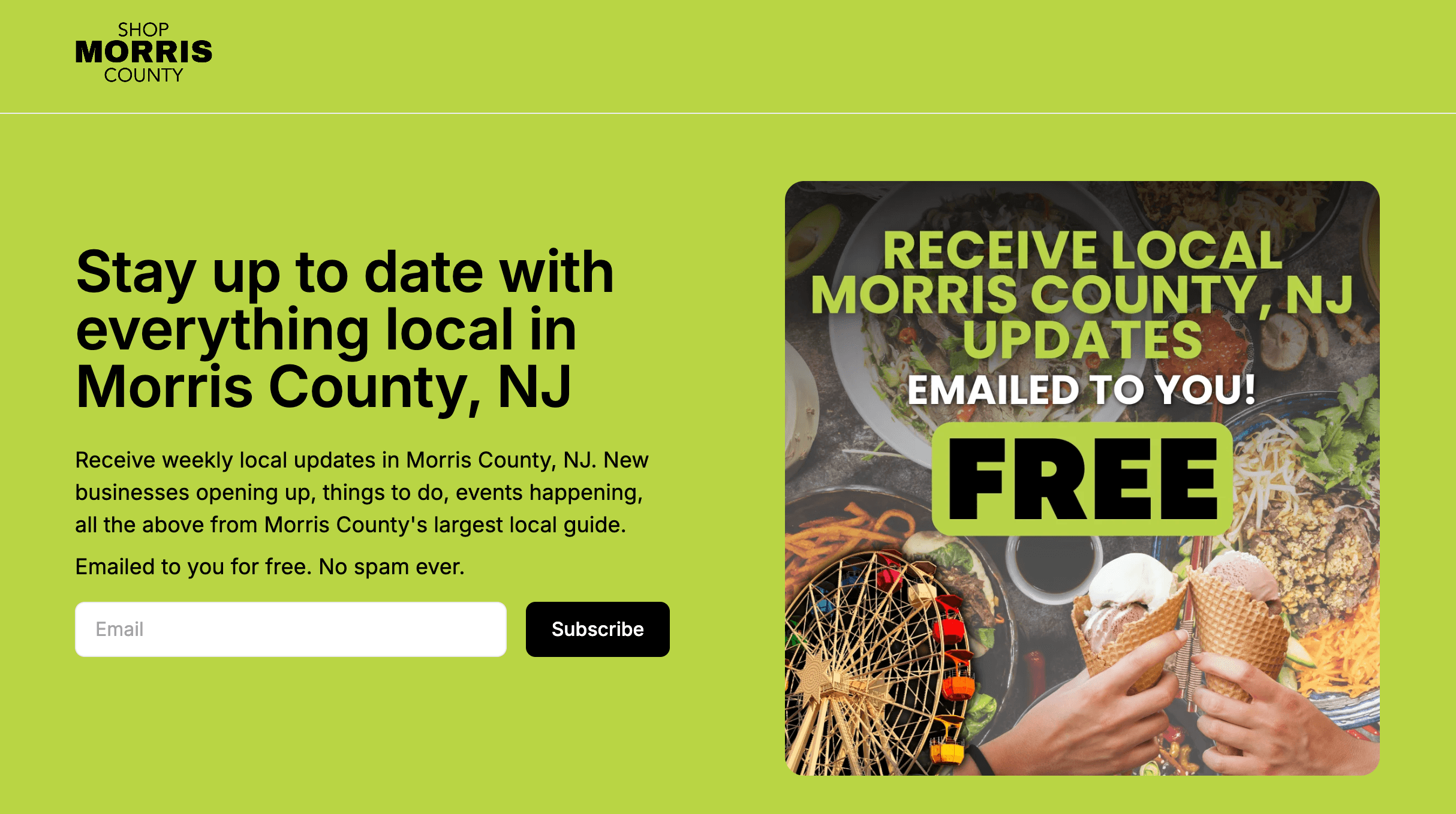 Green promotional banner for Morris County, NJ updates, featuring a person holding ice cream cones, with text about free local updates.