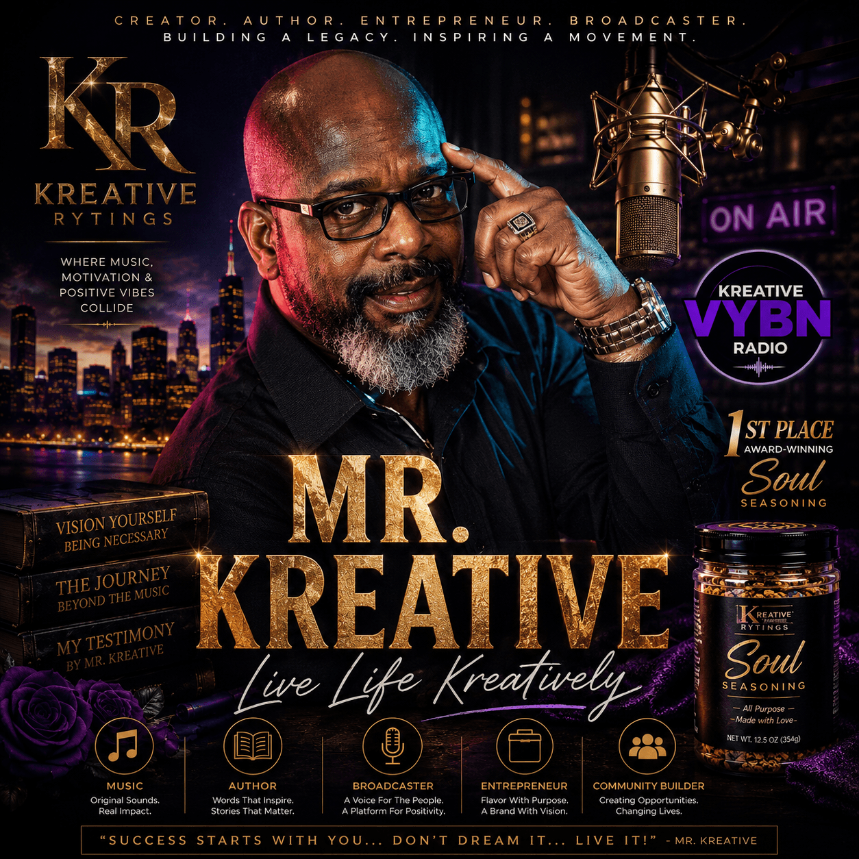 Man with glasses and beard in front of microphone, city skyline background, promotional text for Mr. Kreative, live creative life.