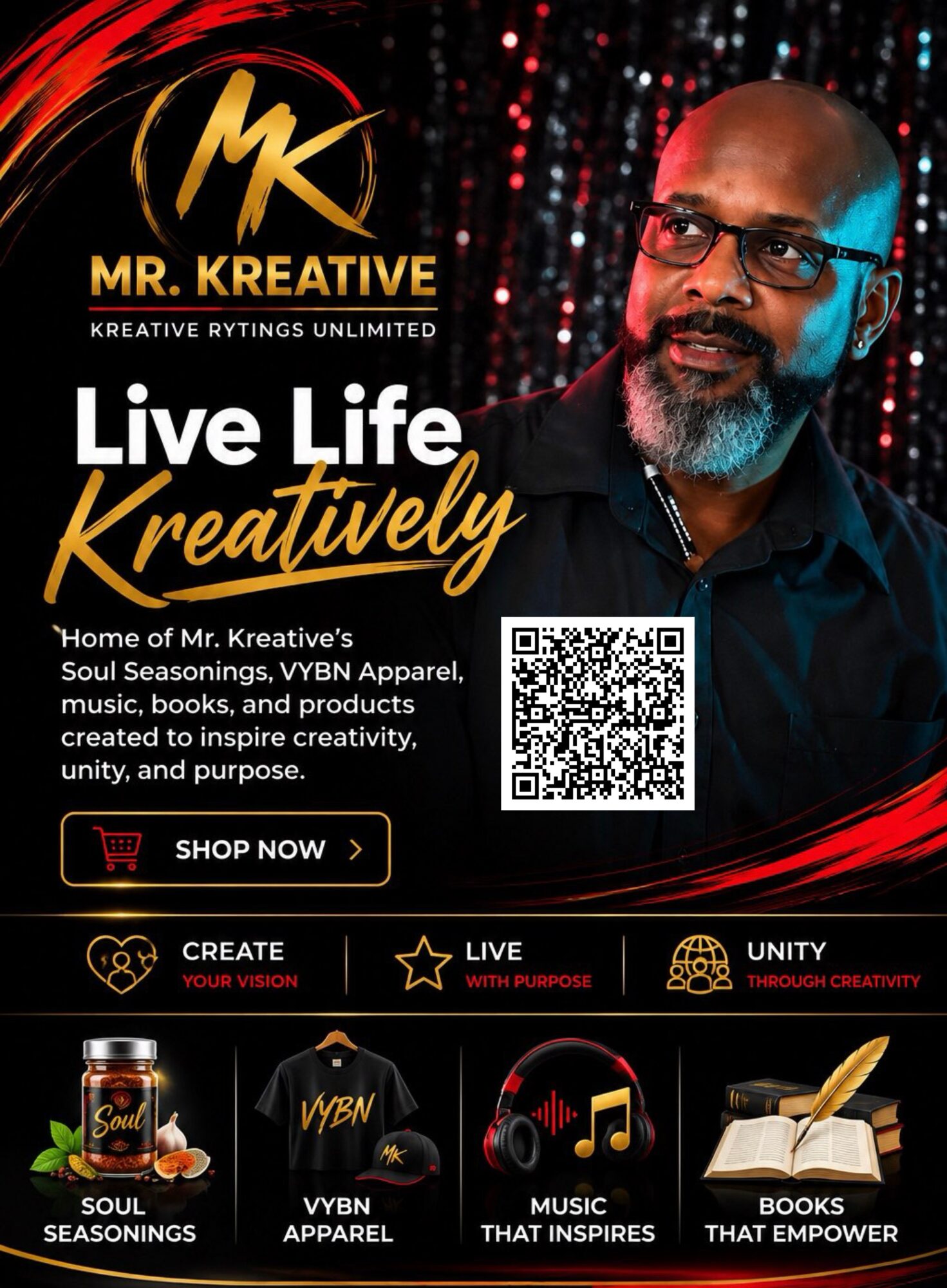 Promotional poster featuring a man with glasses and a beard, with text about live life creatively and a QR code.