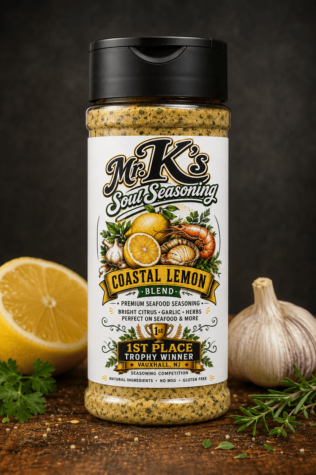 Bottle of Mr. K's Soul Seasoning Coastal Lemon blend with lemon, garlic, and herbs around it, on a wooden surface.