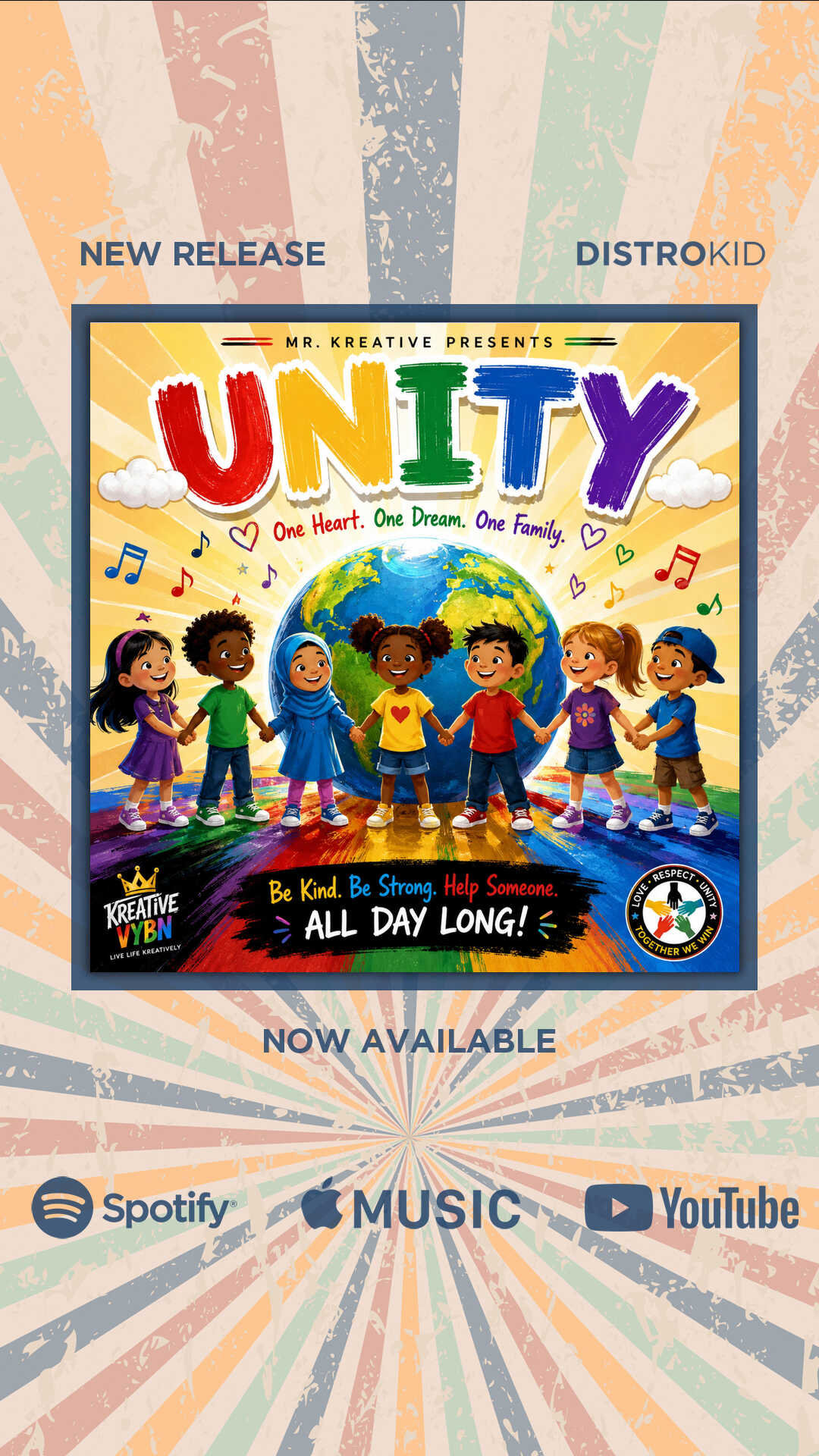 Children holding hands in a circle around a globe with colorful background, promoting unity and friendship, with text about a new release.
