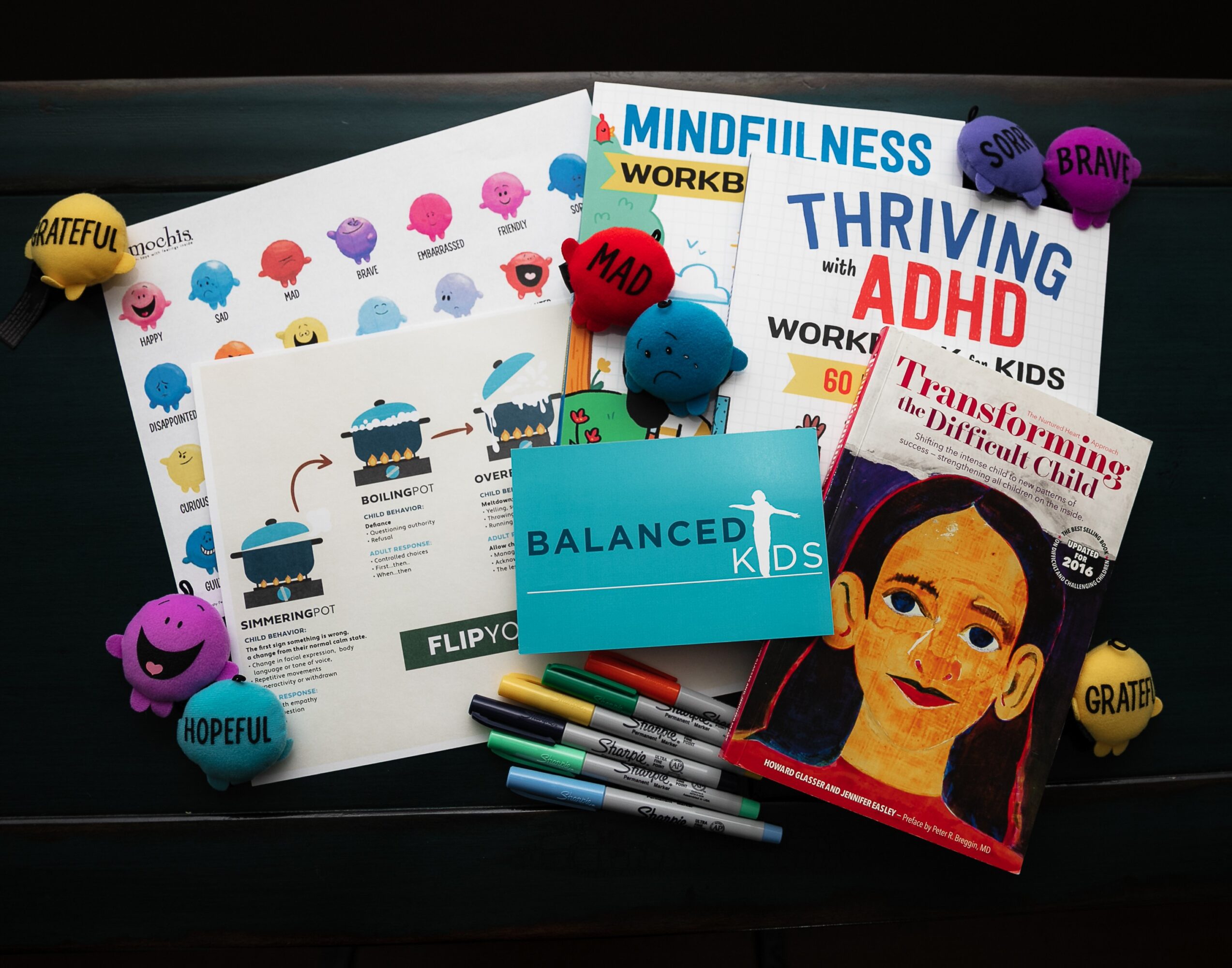 Collection of educational materials, colorful stress balls, and pens on a dark surface.
