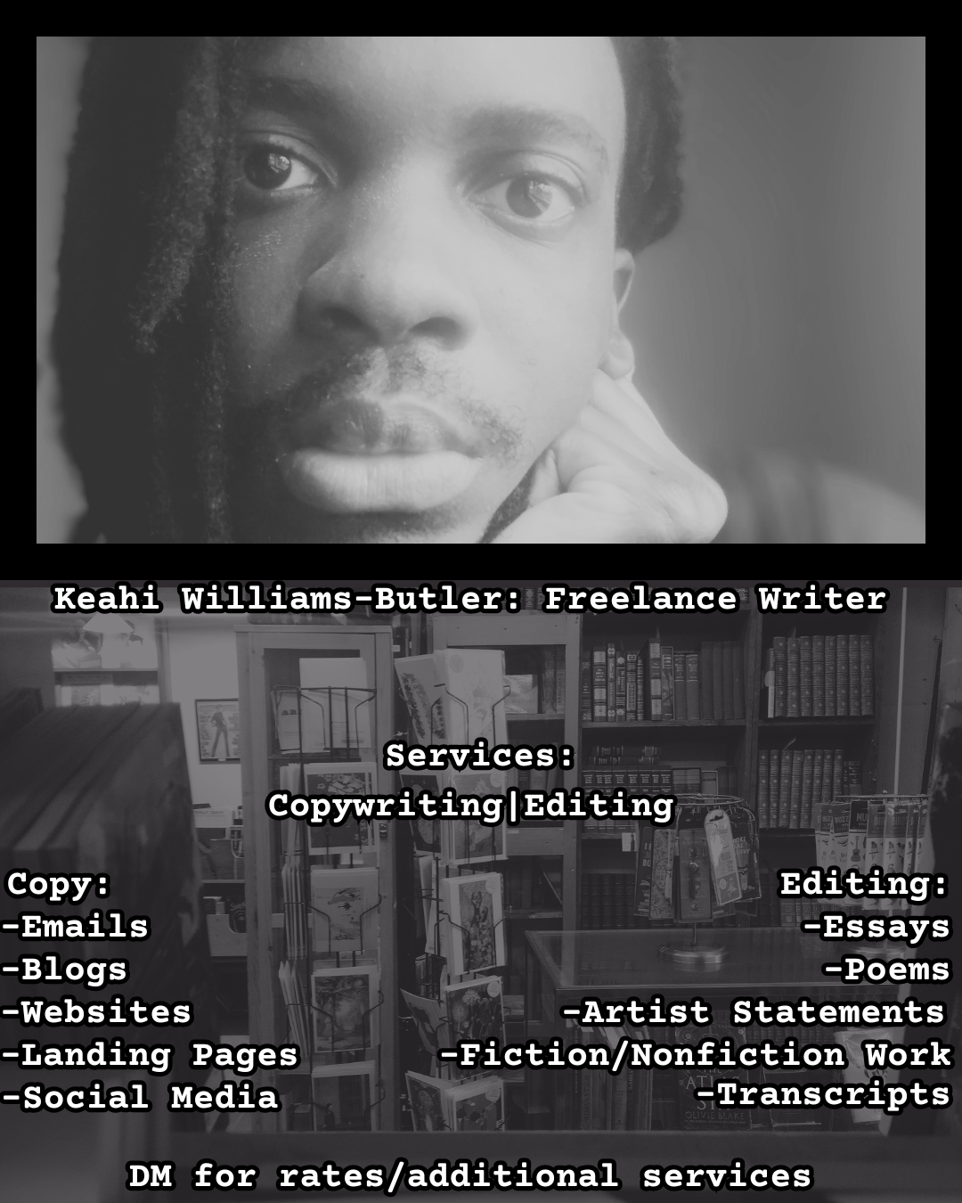 Black and white portrait of a person with text about freelance writing services and contact information.