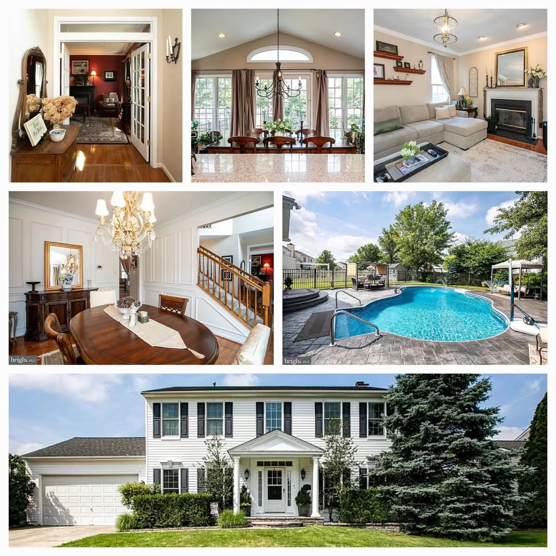 Collage of interior rooms and outdoor pool, including hallway, dining room, living room, and house exterior with trees.
