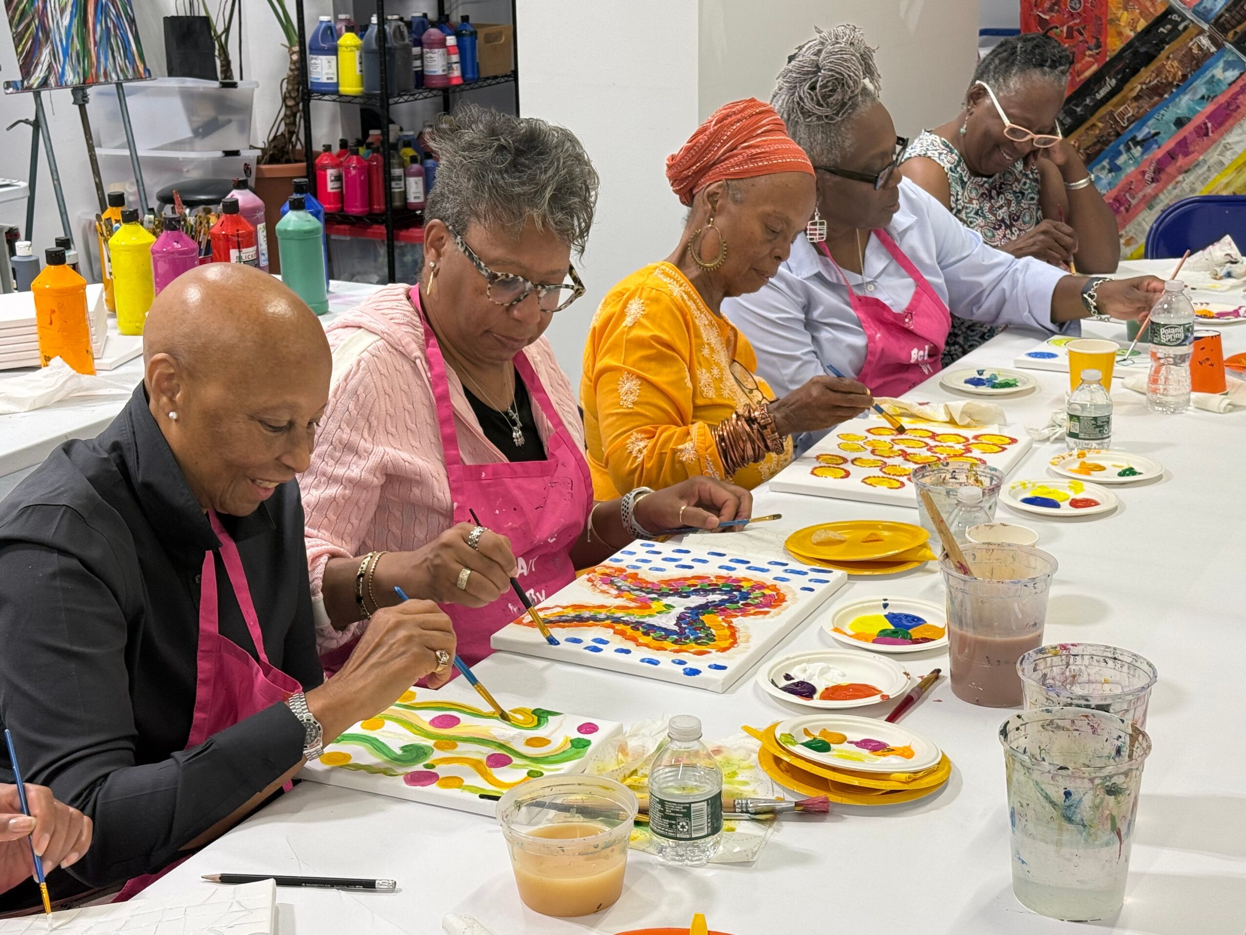 Group of diverse women painting colorful designs on plates at a table, with art supplies and drinks nearby.