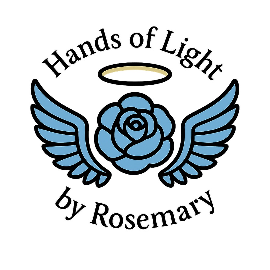 Logo with a blue rose, angel halo, wings, and text 'Hands of Light by Rosemary'.