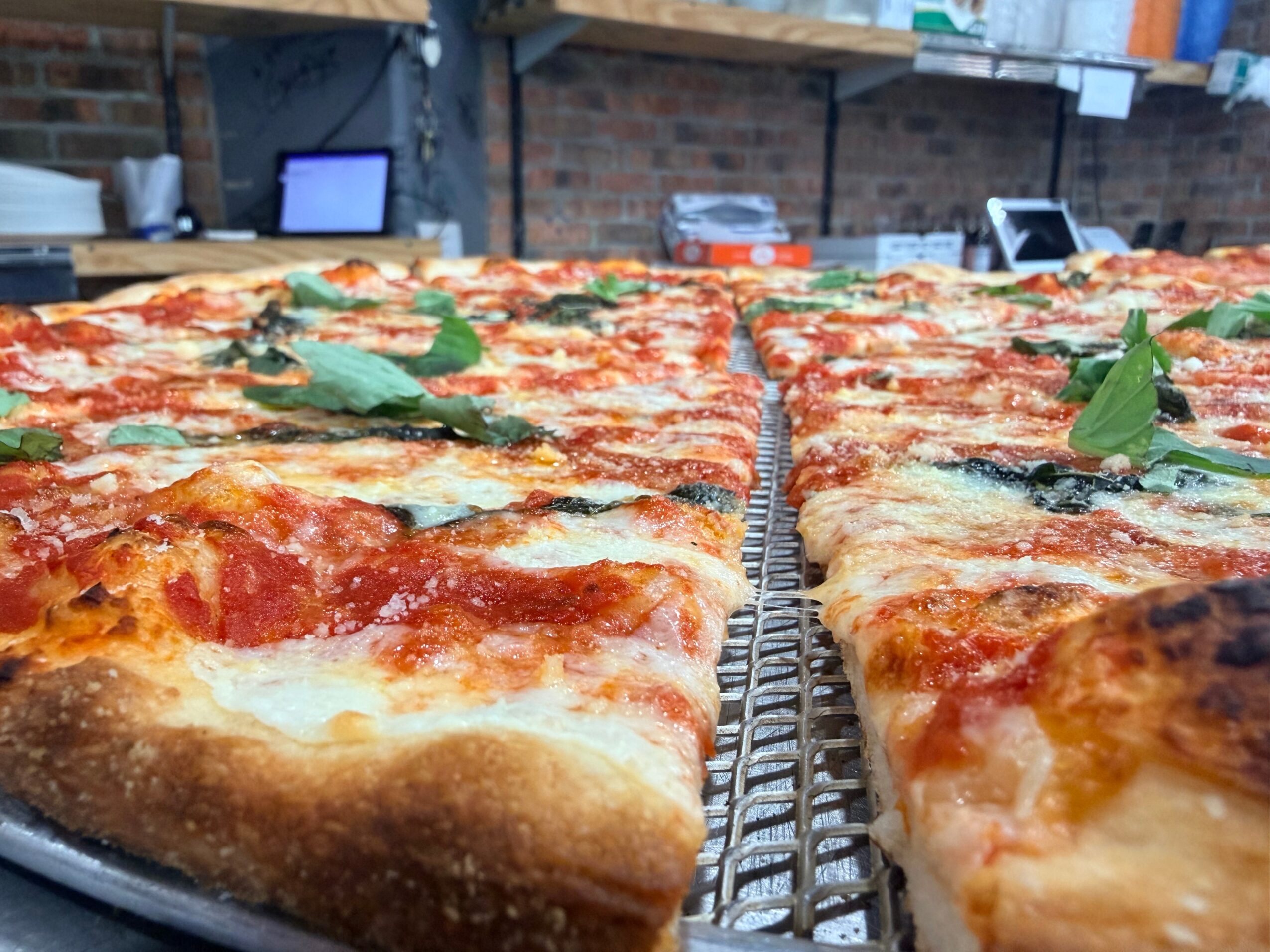 Close-up of multiple slices of pizza with cheese, tomato sauce, and basil leaves on top, on a wire rack.