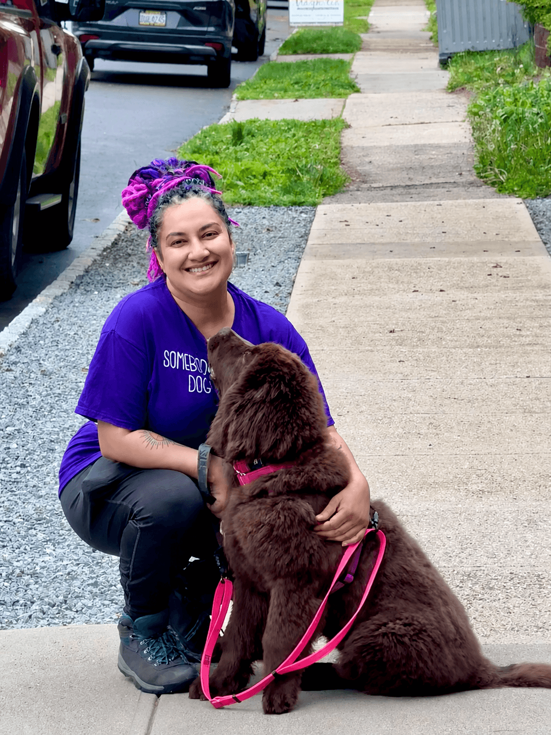 Young woman with purple hair and a purple shirt kneels on sidewalk, hugging a large brown dog with a pink leash.