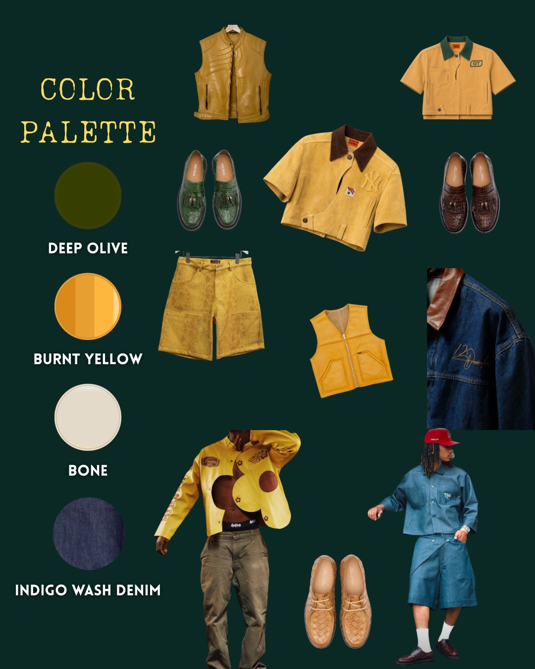 Color palette with clothing items in deep olive, burnt yellow, bone, and indigo wash denim, including shirts, shorts, and shoes.