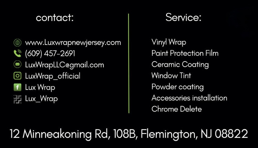 Black background with contact info on left and service list on right, including website, email, and phone number, with address below.