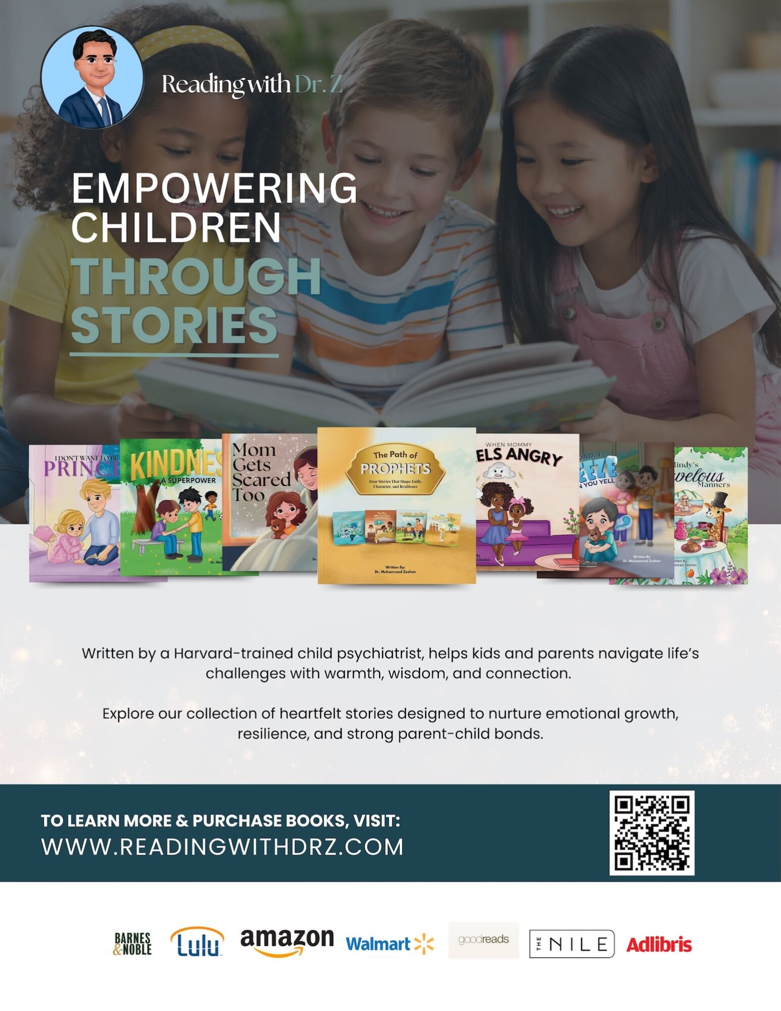 Three children reading a book together, smiling, in a classroom setting, with a banner about empowering children through stories.