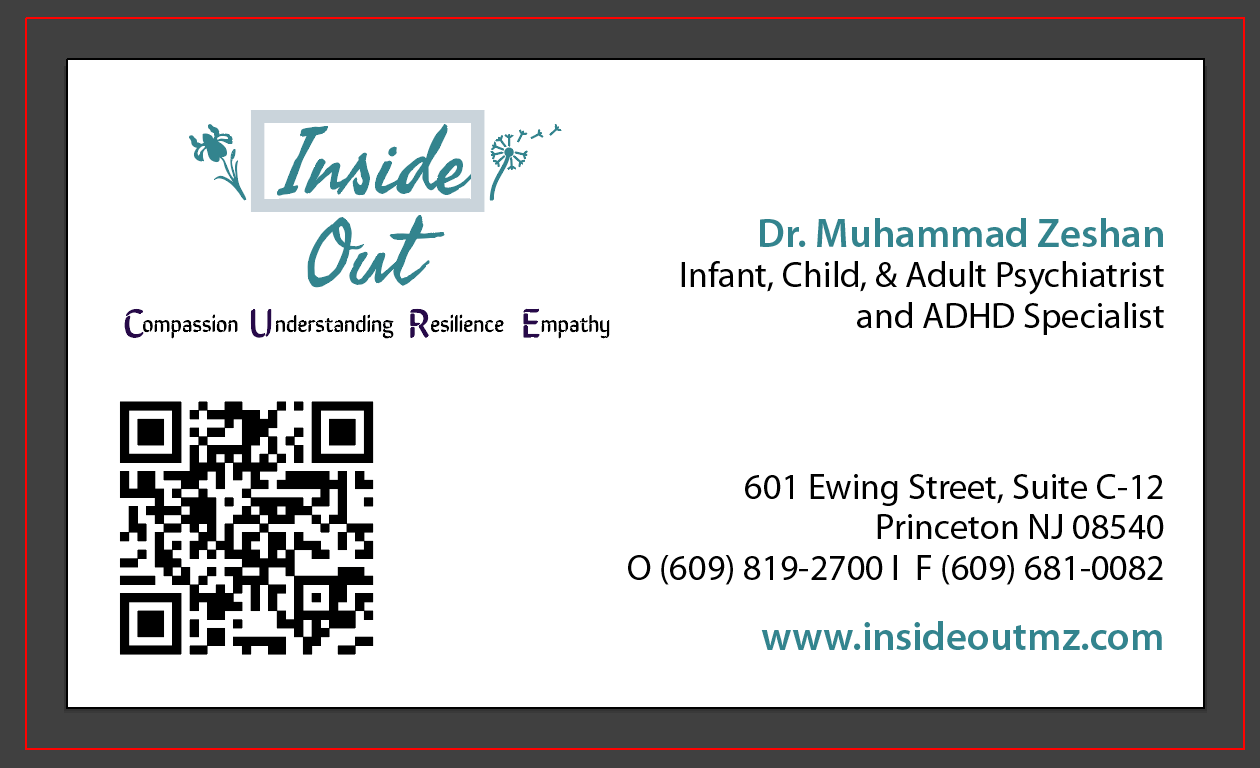 Business card with logo, contact info, and QR code for Inside Out clinic, specializing in child and adult psychiatry.