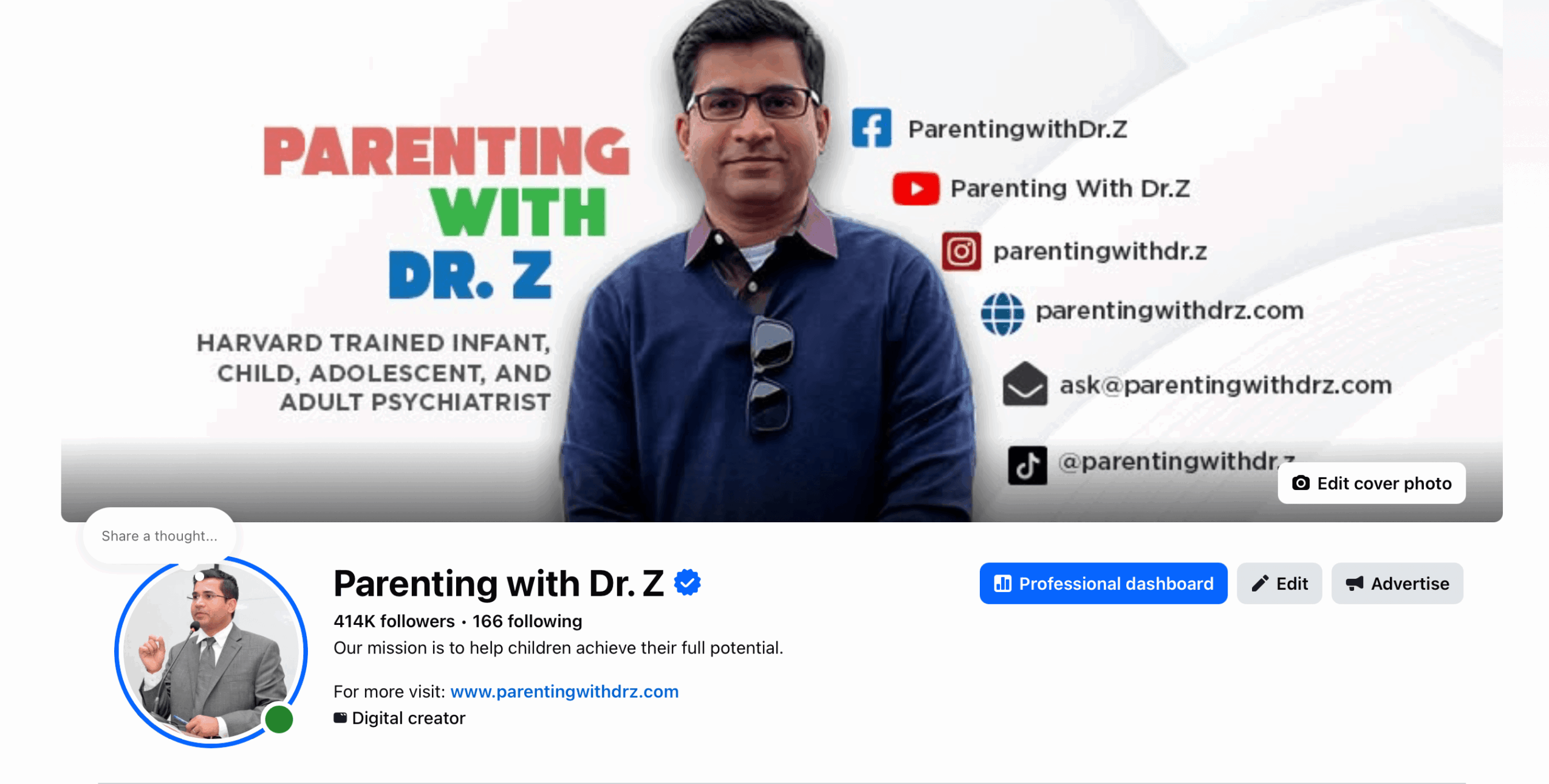 YouTube channel banner featuring a man in a suit, text about parenting and Dr. Z, social media icons, and a professional logo.