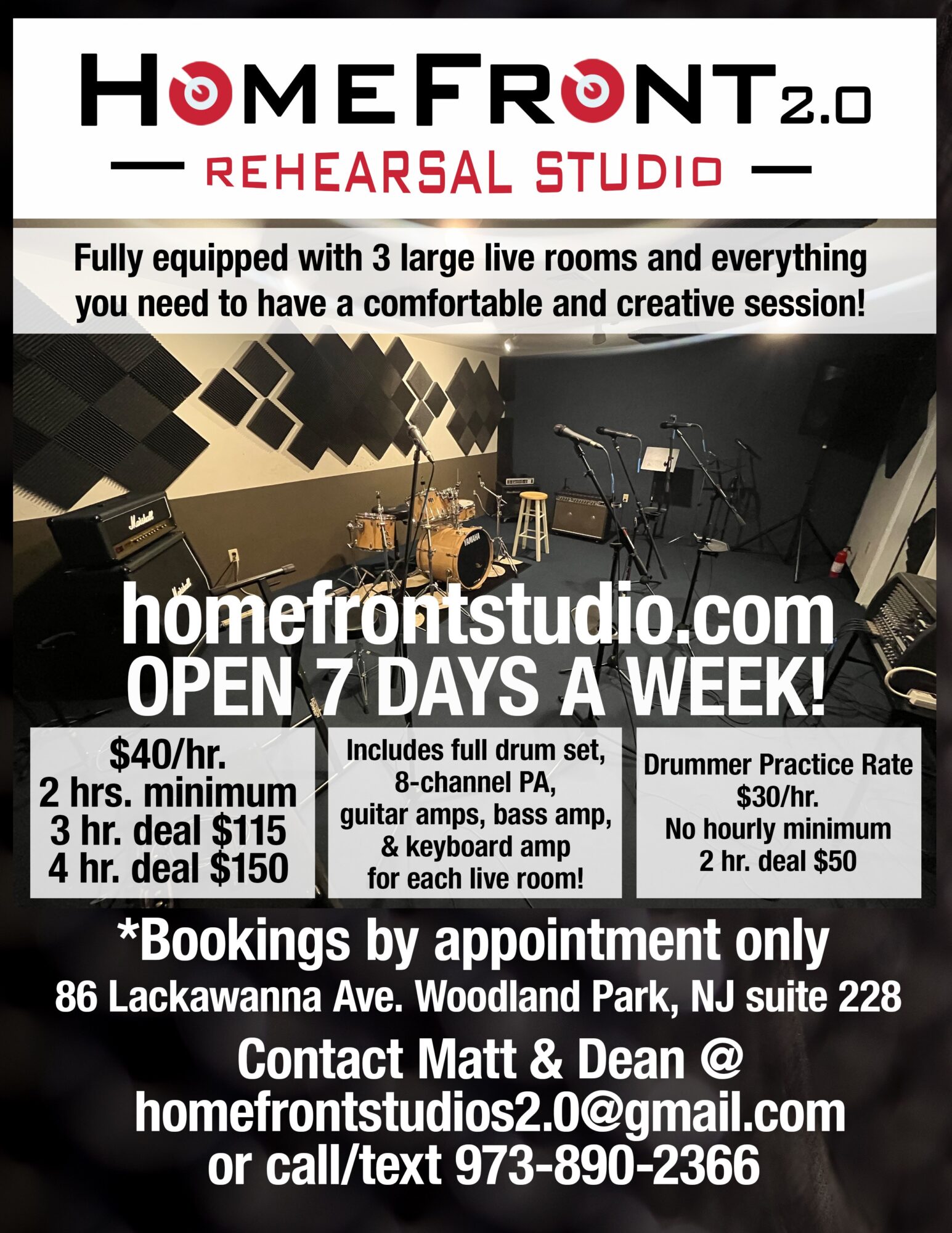 Rehearsal studio advertisement with musical instruments, text about studio features, prices, and contact information.