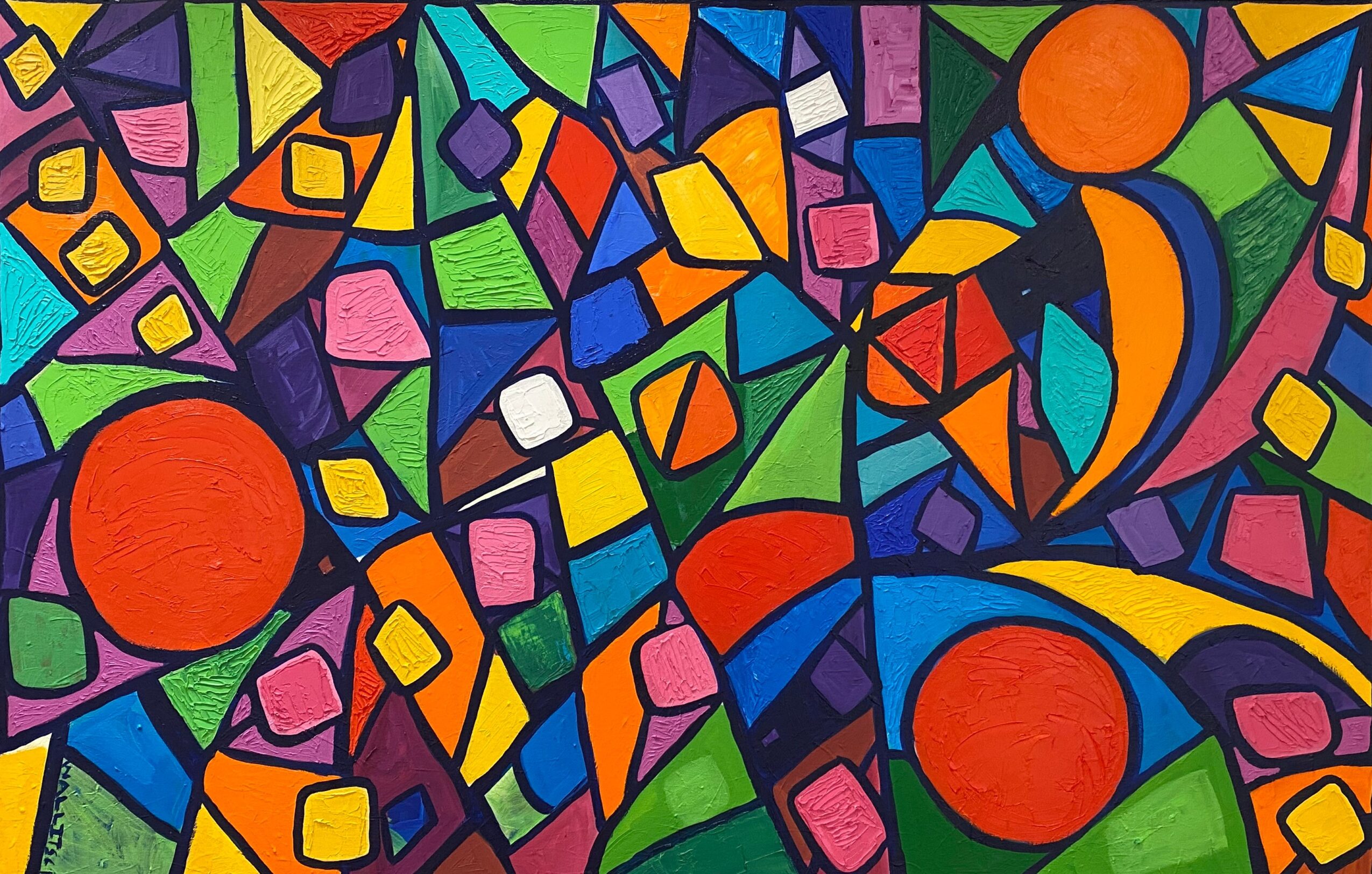 Colorful abstract mosaic with various geometric shapes and bright colors.
