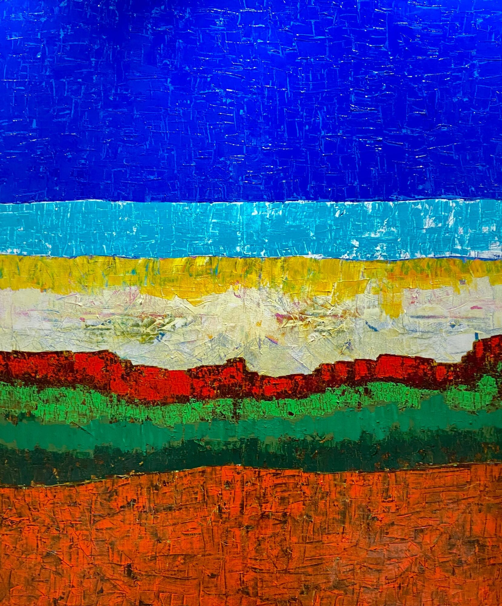 Abstract landscape with blue sky, turquoise water, yellow, white, red, green, and orange horizontal bands, textured brushstrokes.