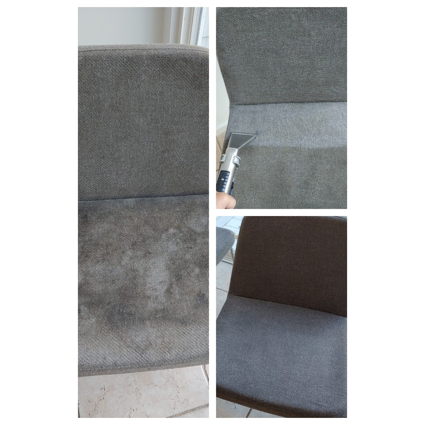 Comparison of three upholstered chair backs in different colors and textures, with a hand cleaning one fabric, and a chair with a wooden frame.