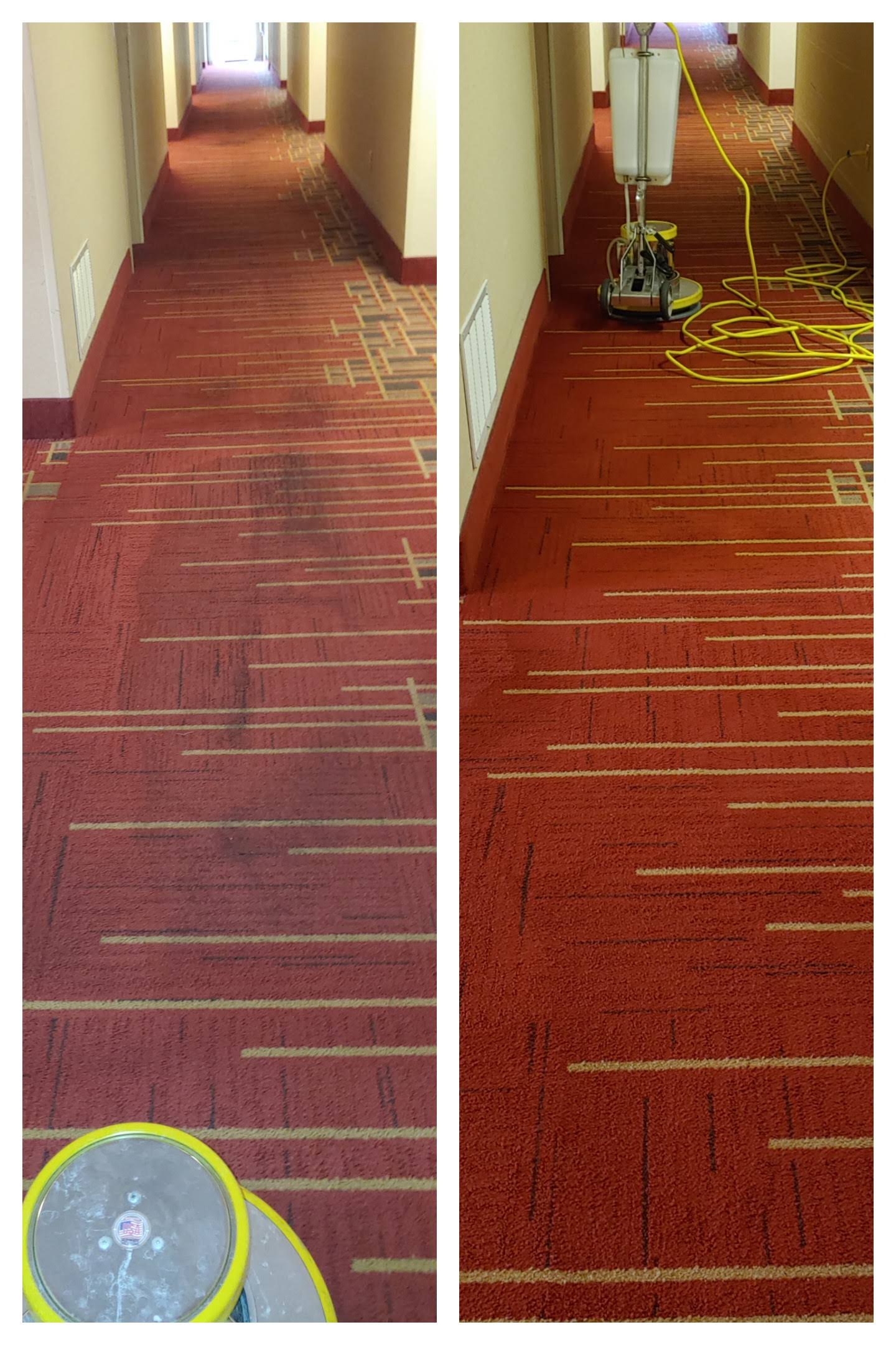 Carpeted hallway with cleaning equipment, showing before and after cleaning, with visible lines and a bucket in the foreground.