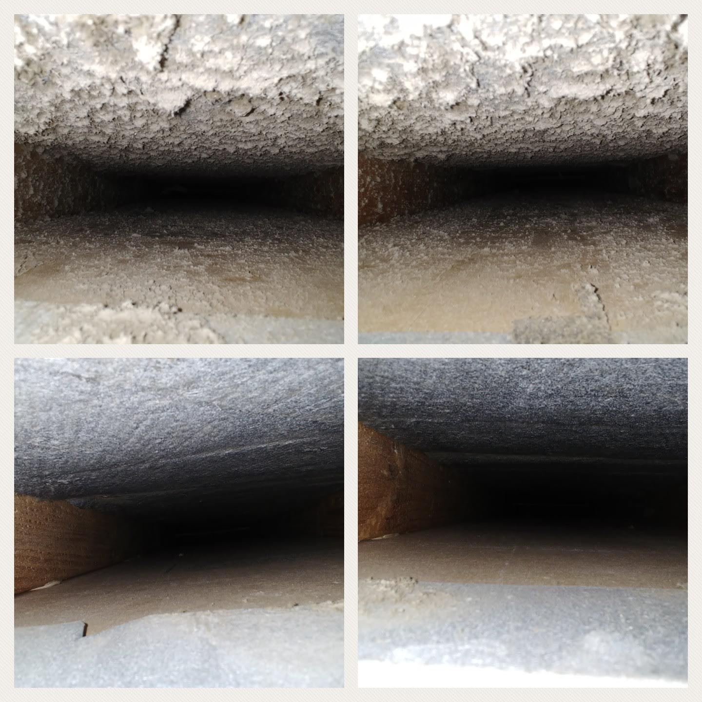 Four images of a tunnel or pipe viewed from below, showing different textures and lighting, with a dark opening at the end.
