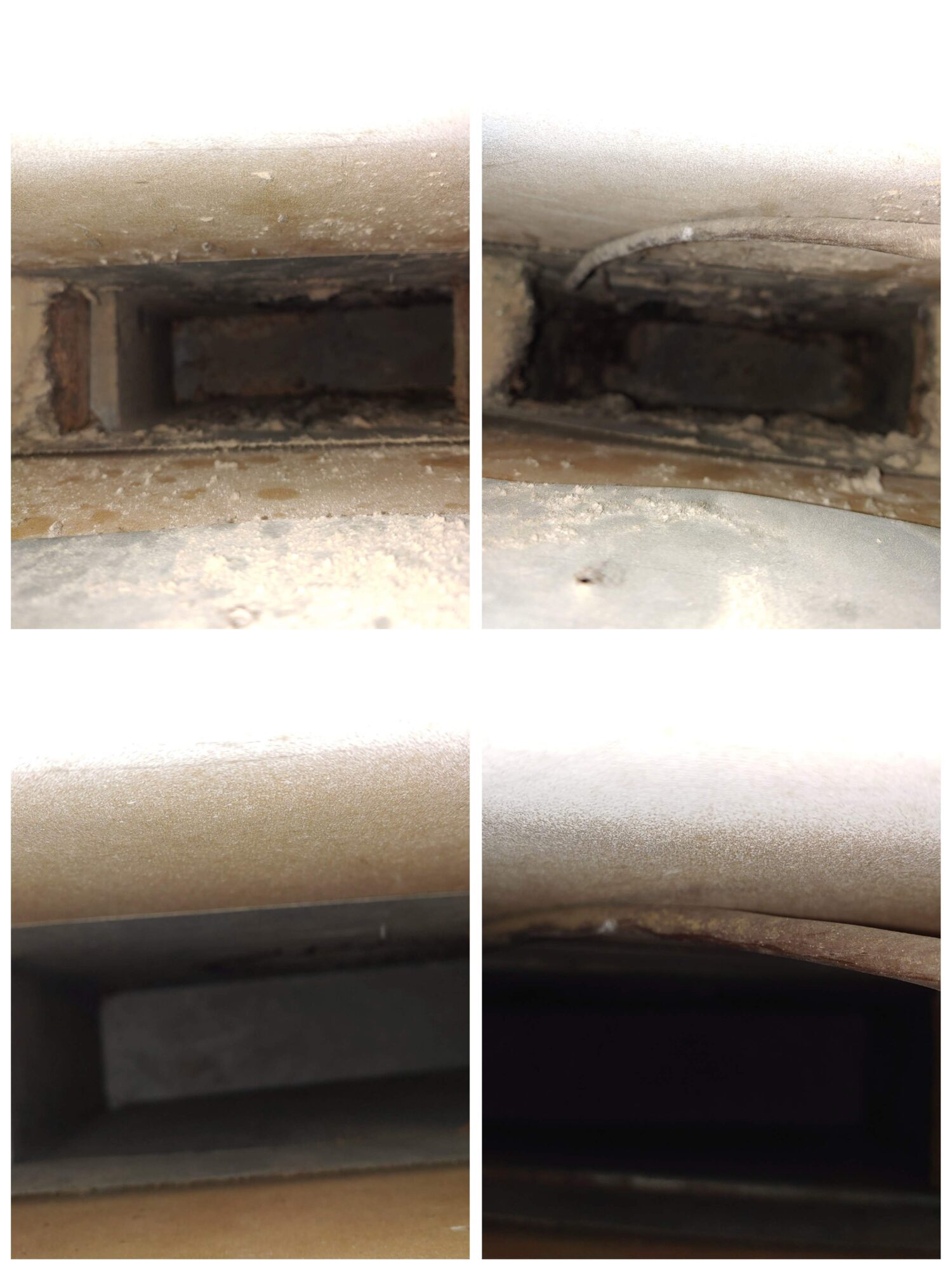 Close-up of a rectangular vent or opening with dirt and debris, viewed from above, showing different states of cleanliness.