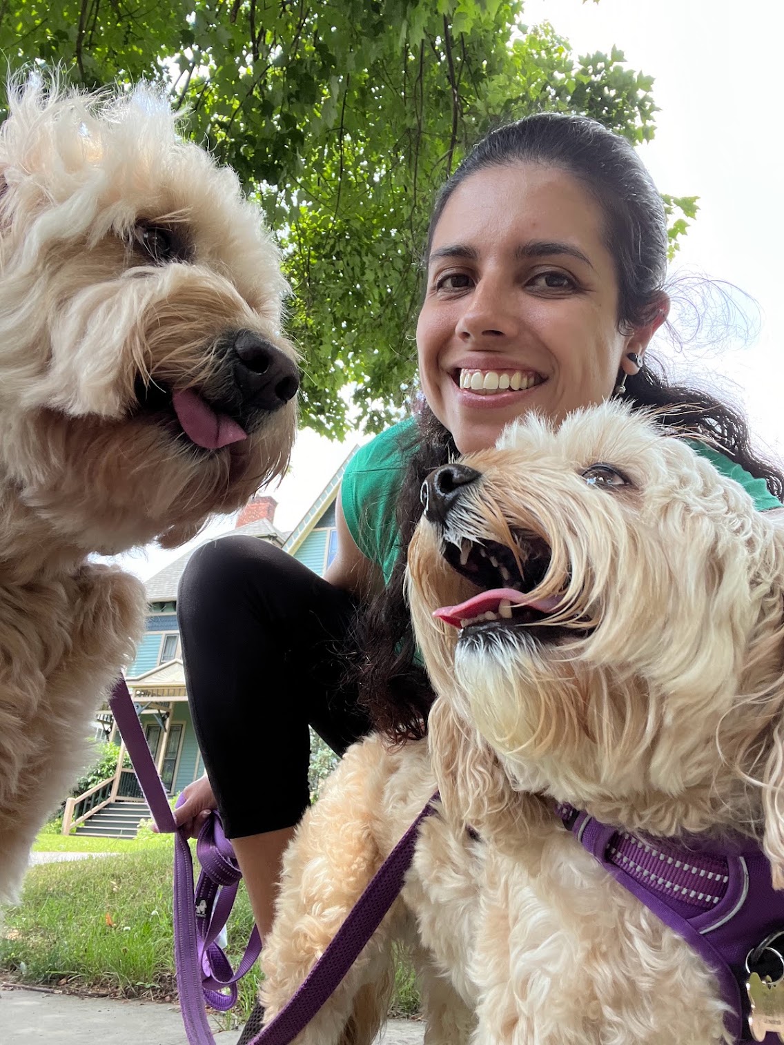 Smiling woman with two fluffy dogs outdoors, trees and sky in background.