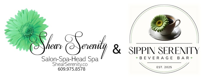 Logo with green flower, elegant text, and a cup of tea with a sunflower, for Shear Serenity and Sippin Serenity, established 2022.
