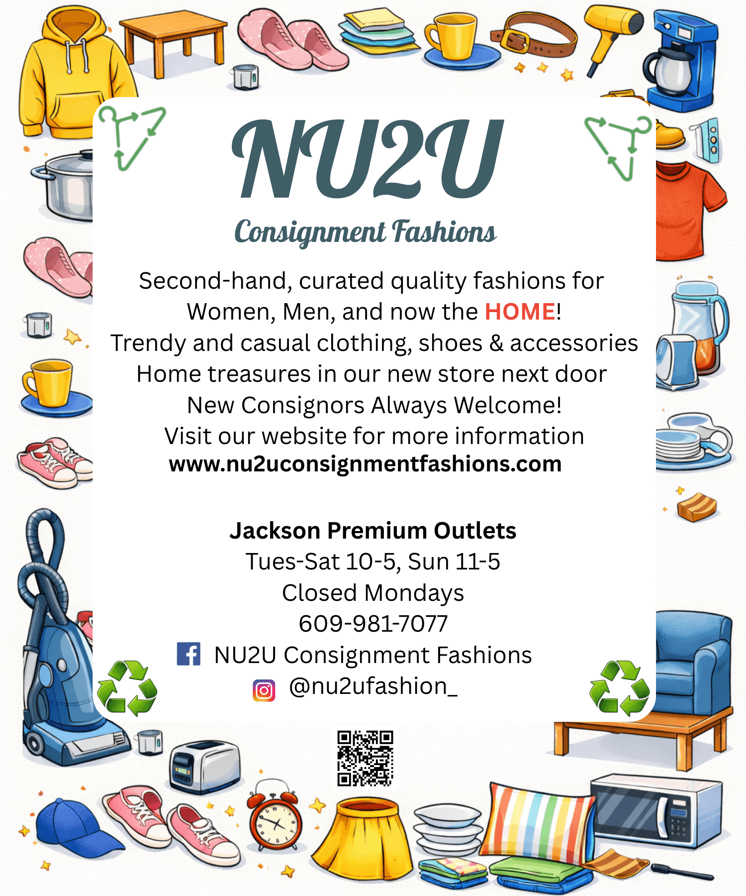 Collection of second-hand clothing, shoes, accessories, and home items with text about consignments and contact details.