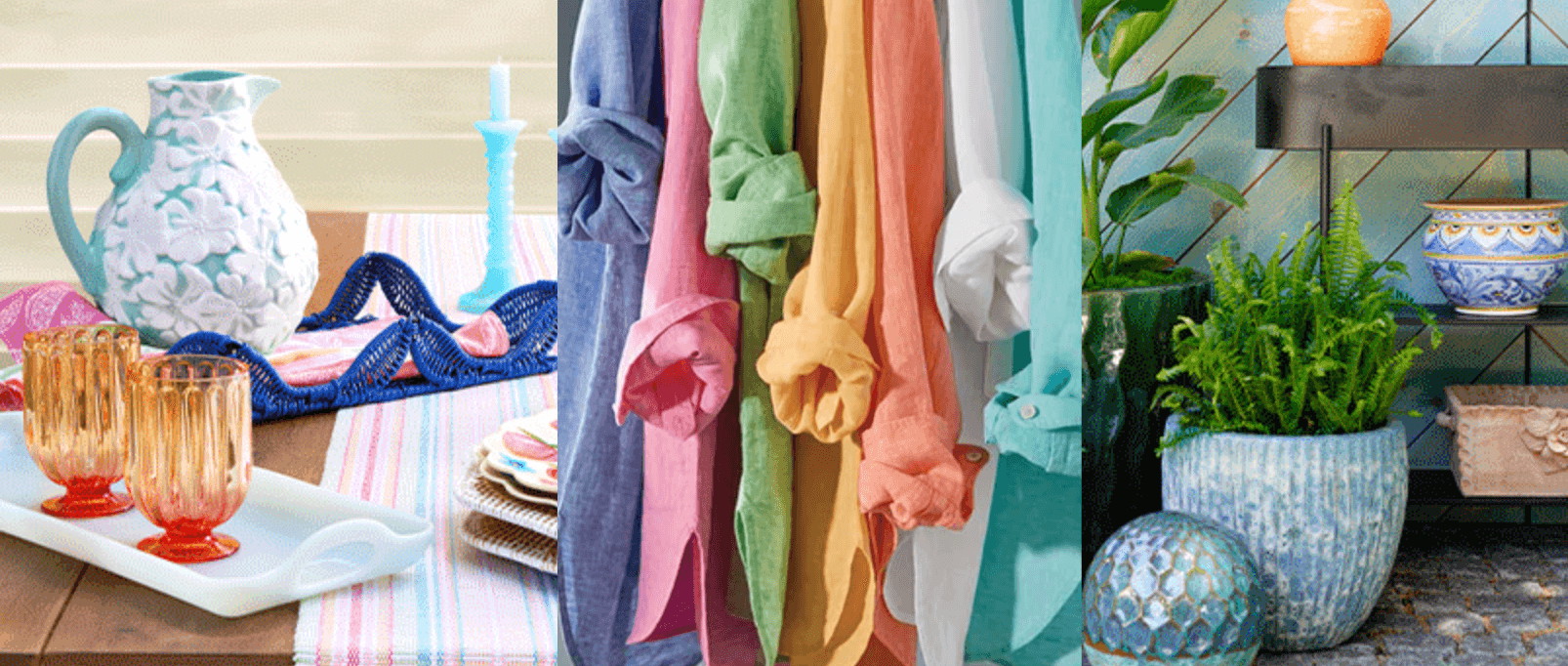 Clothes hanging in a closet with plants and decorative items nearby.