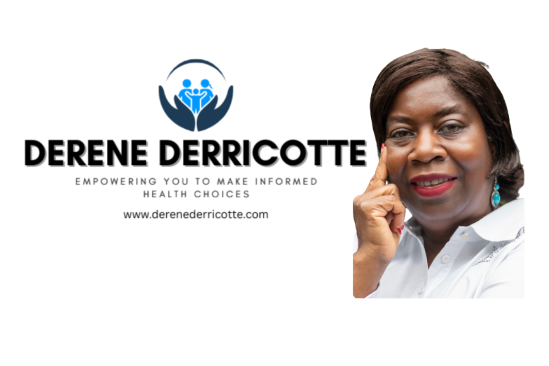 Portrait of a woman with short hair, wearing a white shirt, smiling, with a logo and text on the left side.