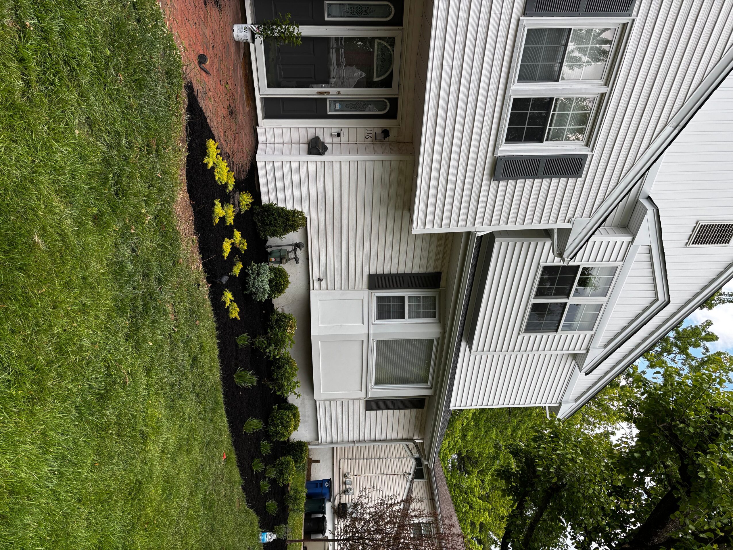 White house with a garden, windows, and a door, viewed from the side, with green grass and plants.
