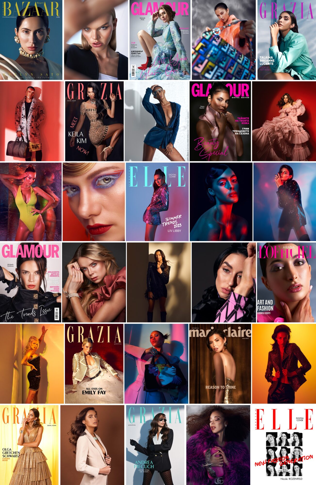 Collage of magazine covers featuring women in various fashion and beauty poses, with titles like Harper's Bazaar, Glamour, and Elle.