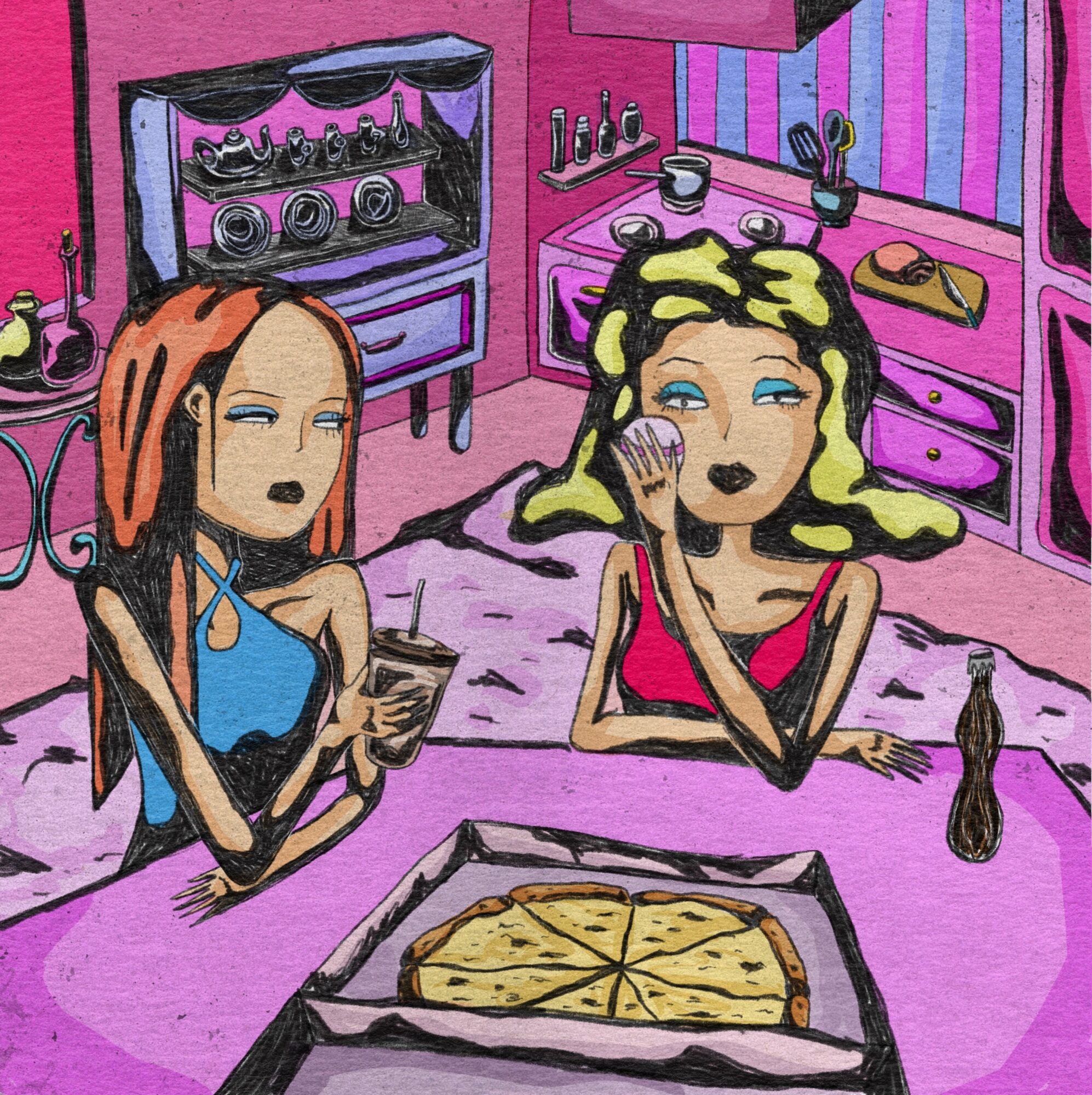 Two women sit at a pink kitchen counter with a pizza, in a colorful room with pink walls and kitchen appliances.