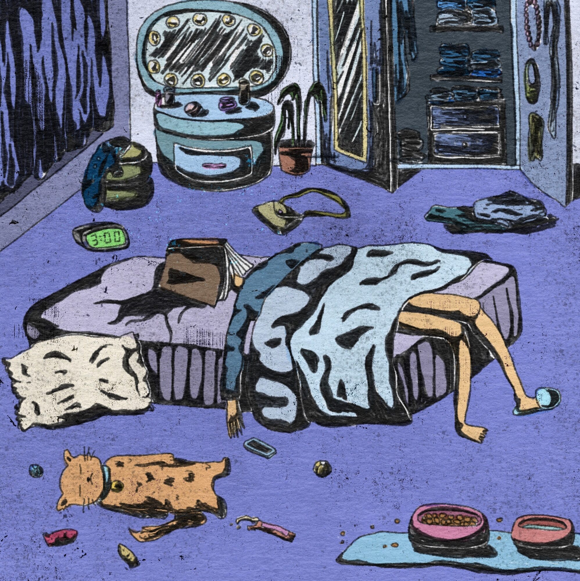 A cluttered bedroom with a bed, person lying face down, cat, and various objects scattered around, including bowls and clothes.