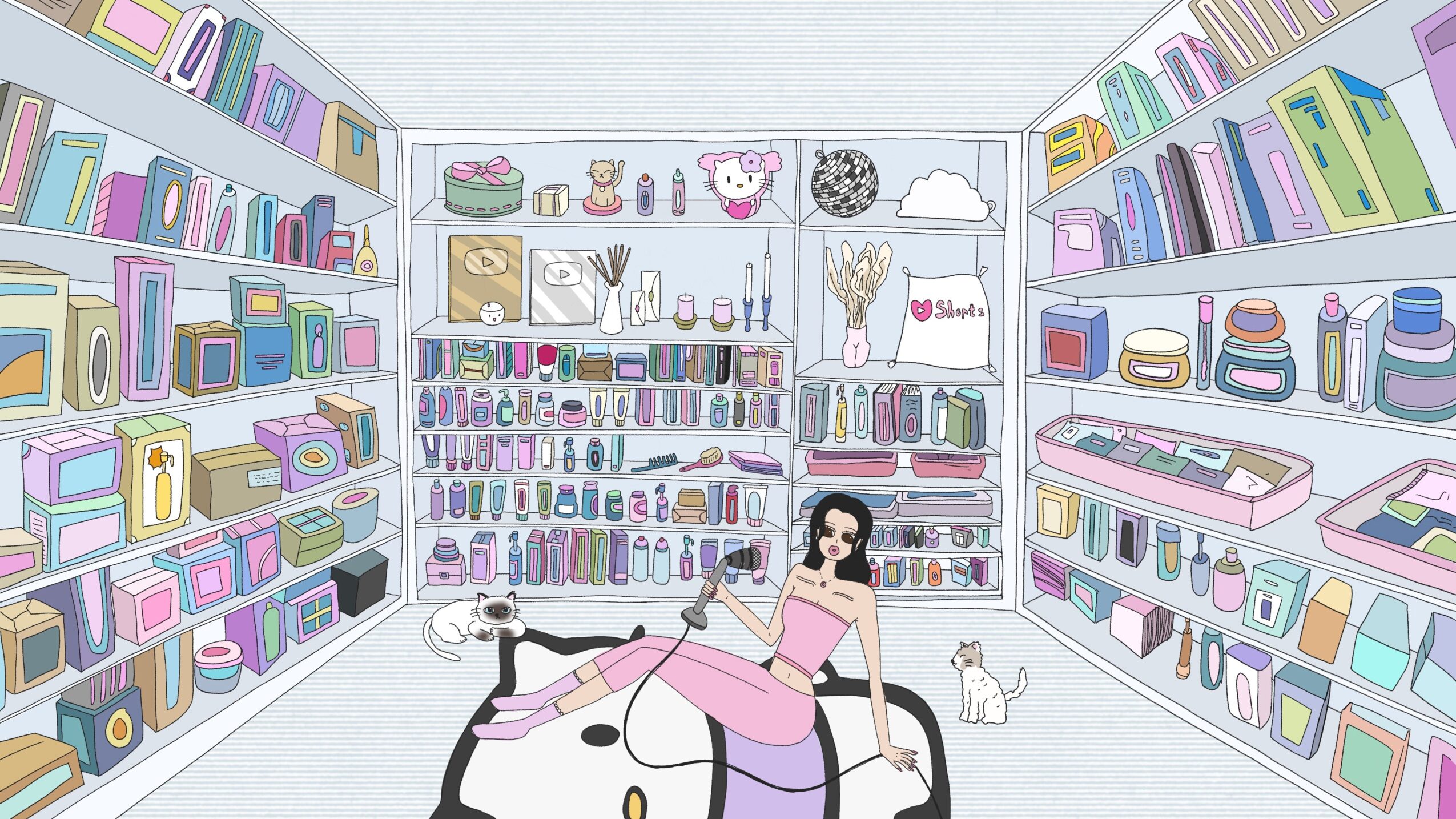 A woman with long dark hair in a pink dress sits on a large plush unicorn in a colorful store with shelves of books and accessories.
