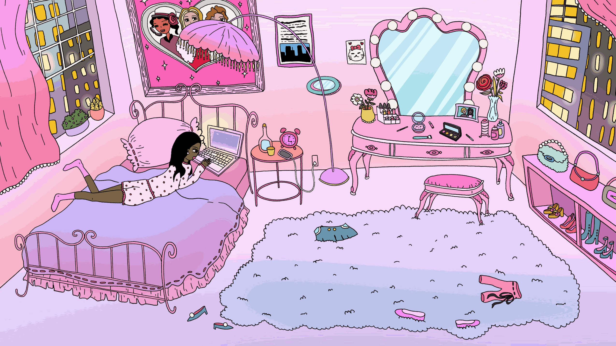 Bedroom with pink walls, bed, mirror, vanity, and city view through windows, decorated with toys and accessories.