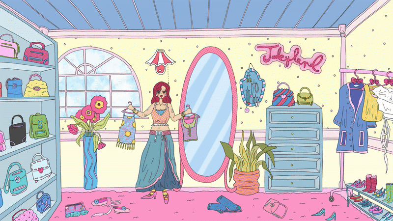Clothing store interior with a woman trying on a dress, shelves with bags, and a mirror, pink and blue decor.