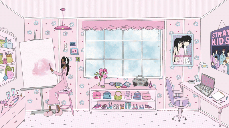 A girl painting on an easel in a pink-themed room with shelves, window, and desk, decorated with toys and posters.