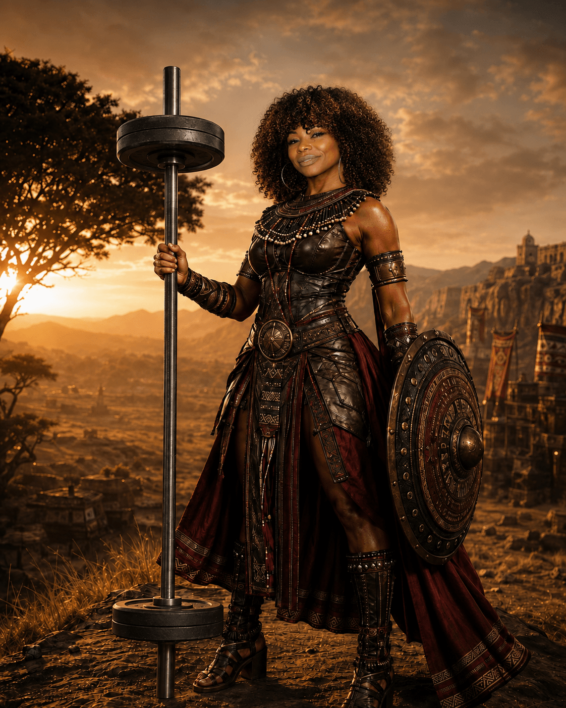 Woman in armor holding a staff and shield outdoors at sunset, with a cityscape in the background.