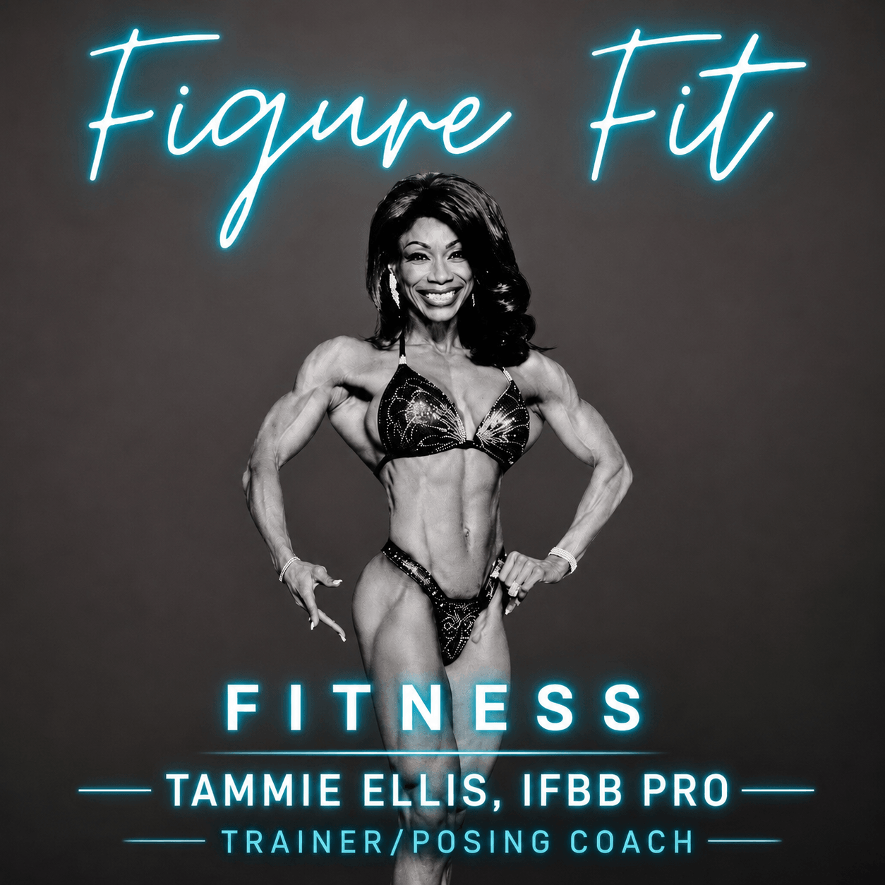 Black and white photo of a woman in fitness attire, smiling, with neon text 'Figure Fit' and 'Fitness' above and below.