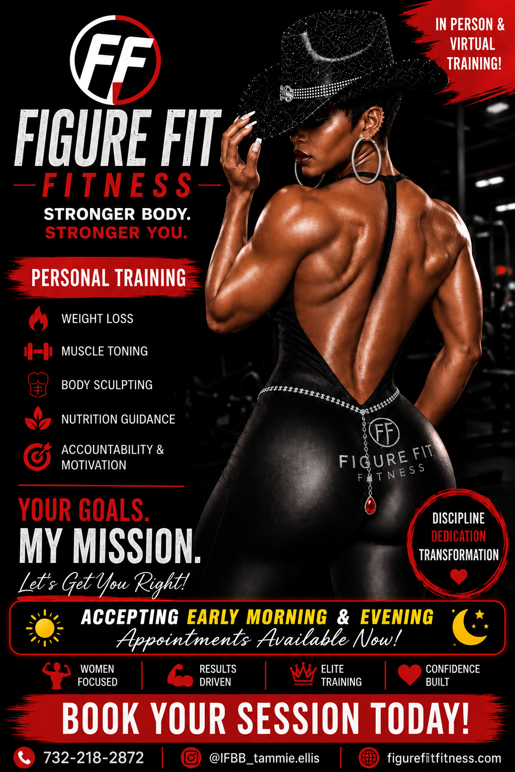 Woman with muscular back and arm muscles, wearing black fitness attire, holding a cap, in a gym setting.