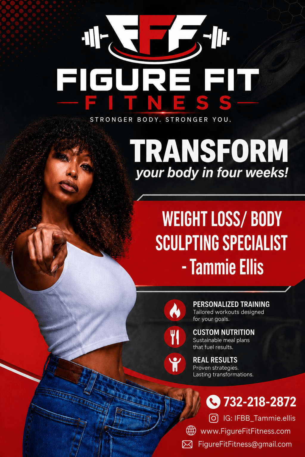 Woman holding a measuring tape around her waist, promoting weight loss and body sculpting services at Figure Fit Fitness.