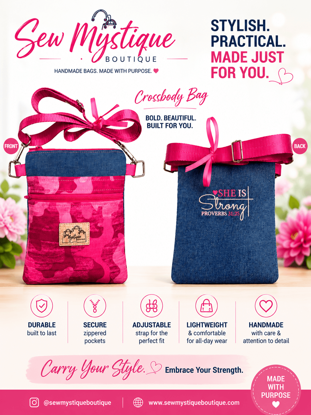 Two fabric crossbody bags with pink ribbons, one pink and one blue, surrounded by pink flowers, with text and icons.