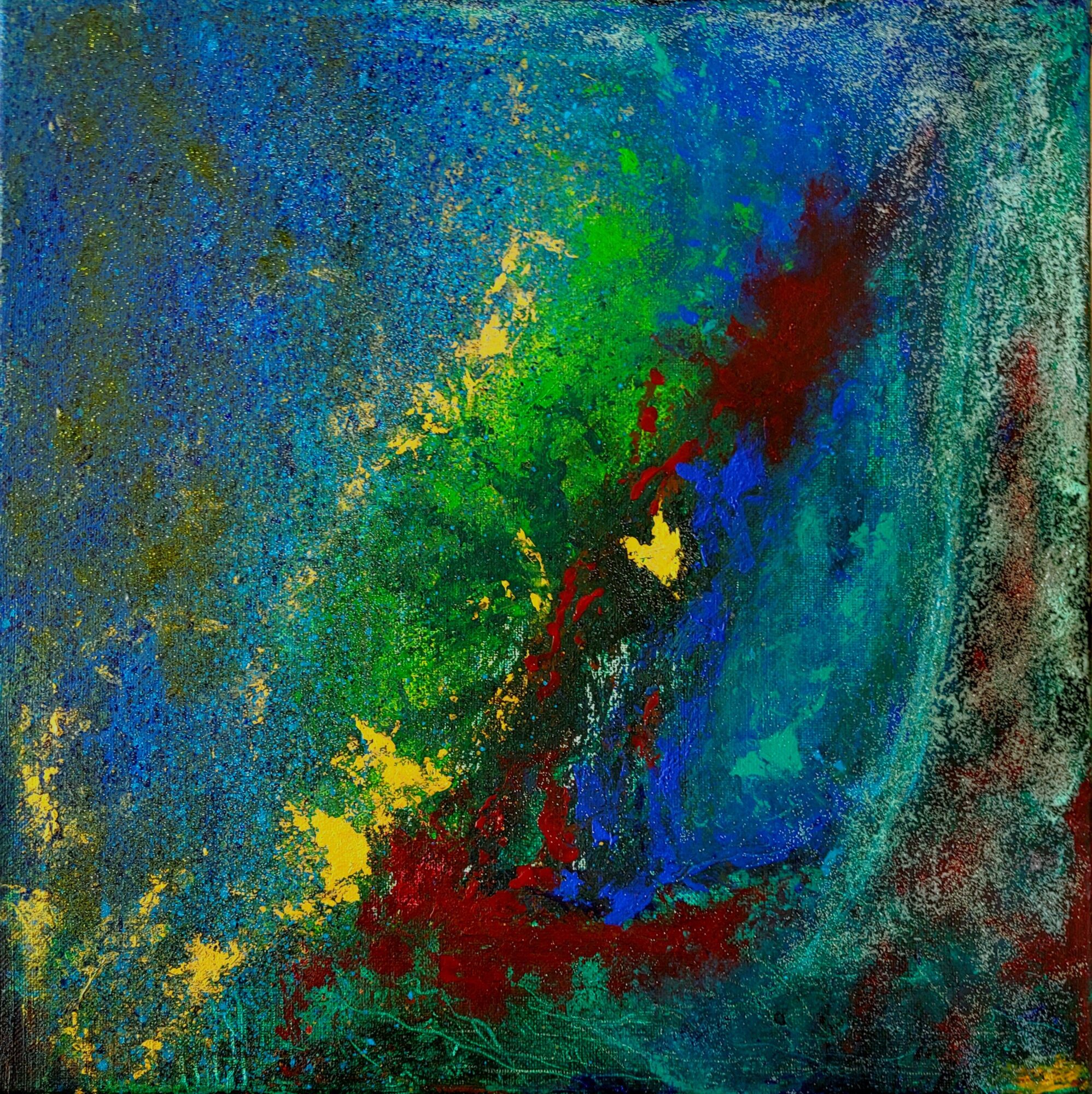 Abstract painting with blue, green, yellow, and red splashes and textures.