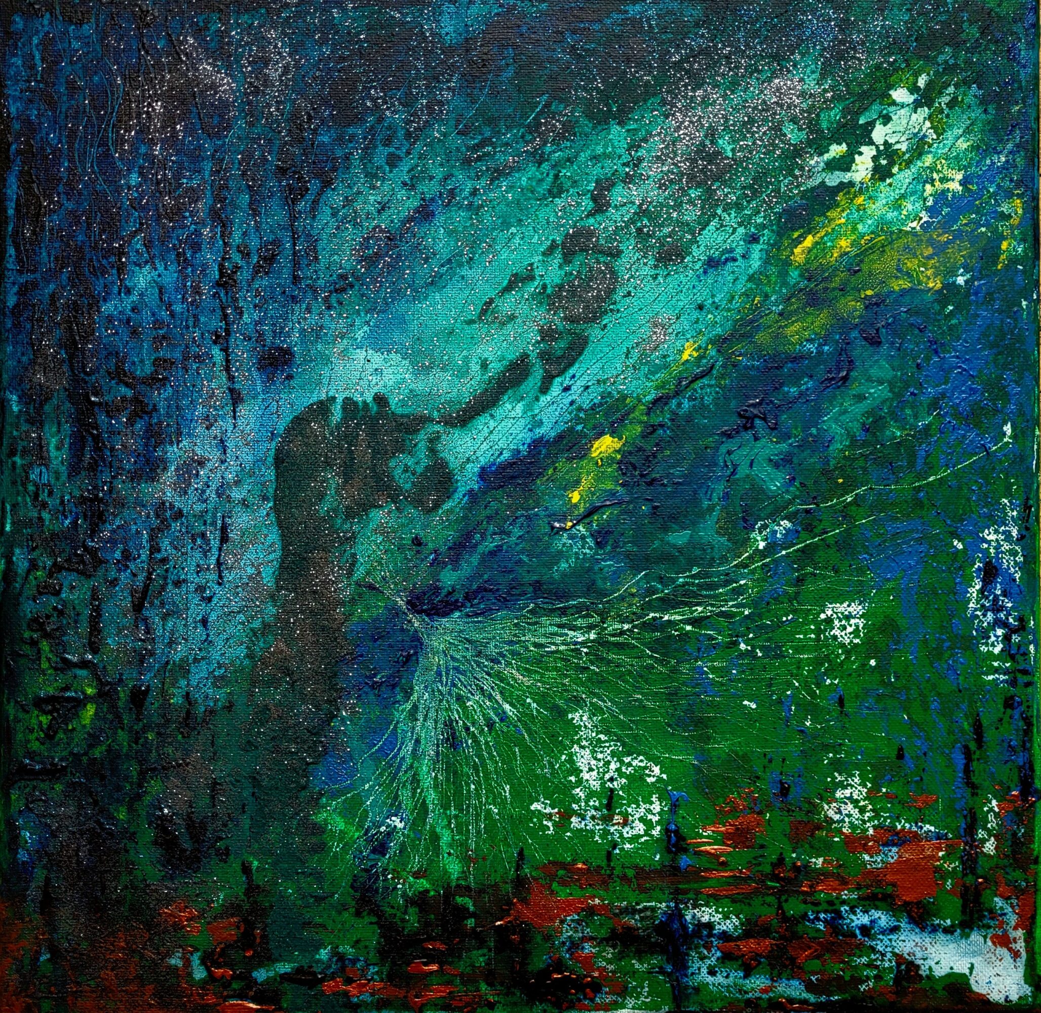 Abstract painting with blue, green, and yellow colors, featuring textured brushstrokes and a dark silhouette of a person.