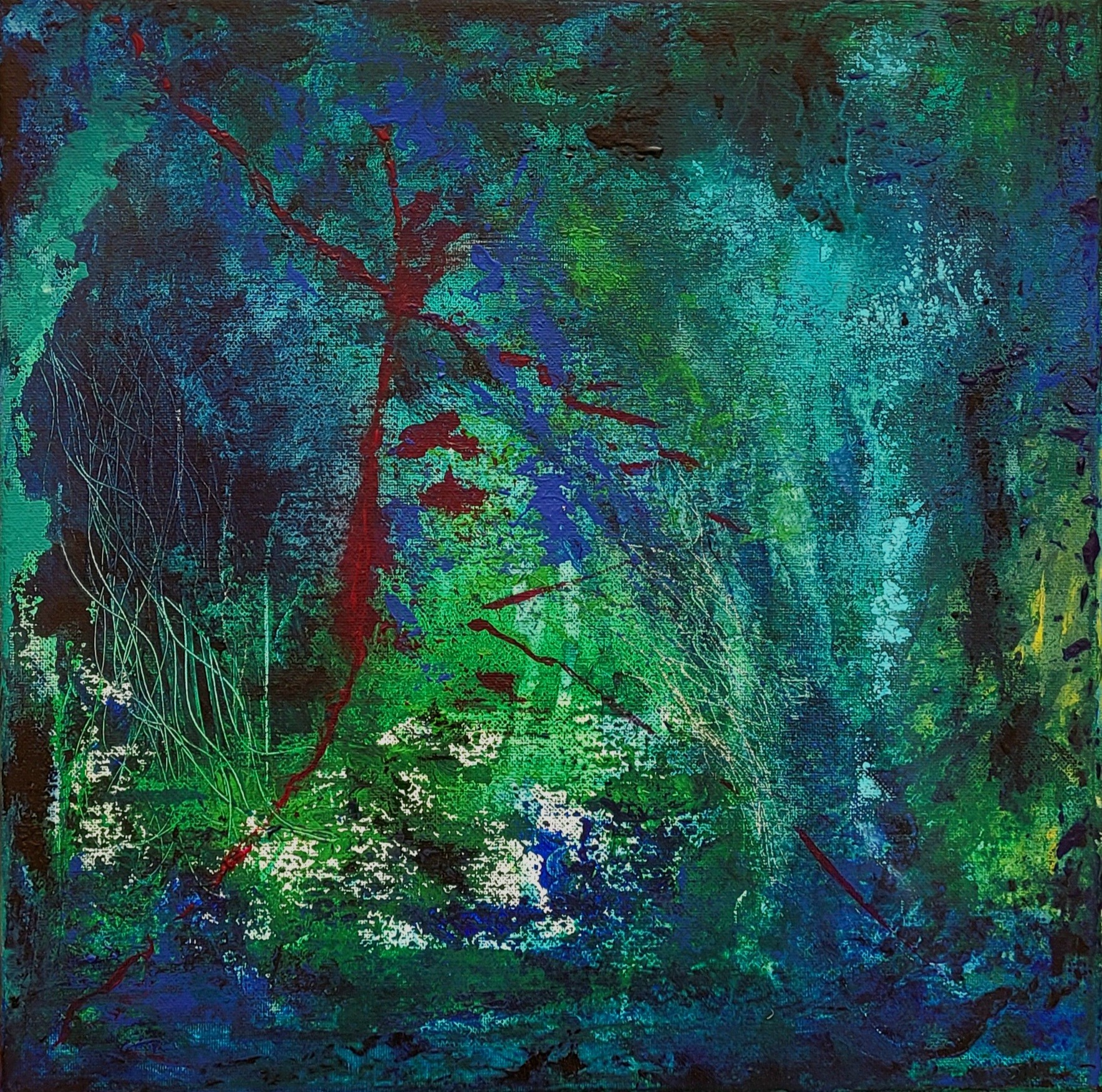 Abstract painting with a face outline in green, blue, and red, surrounded by dense foliage and water reflections.