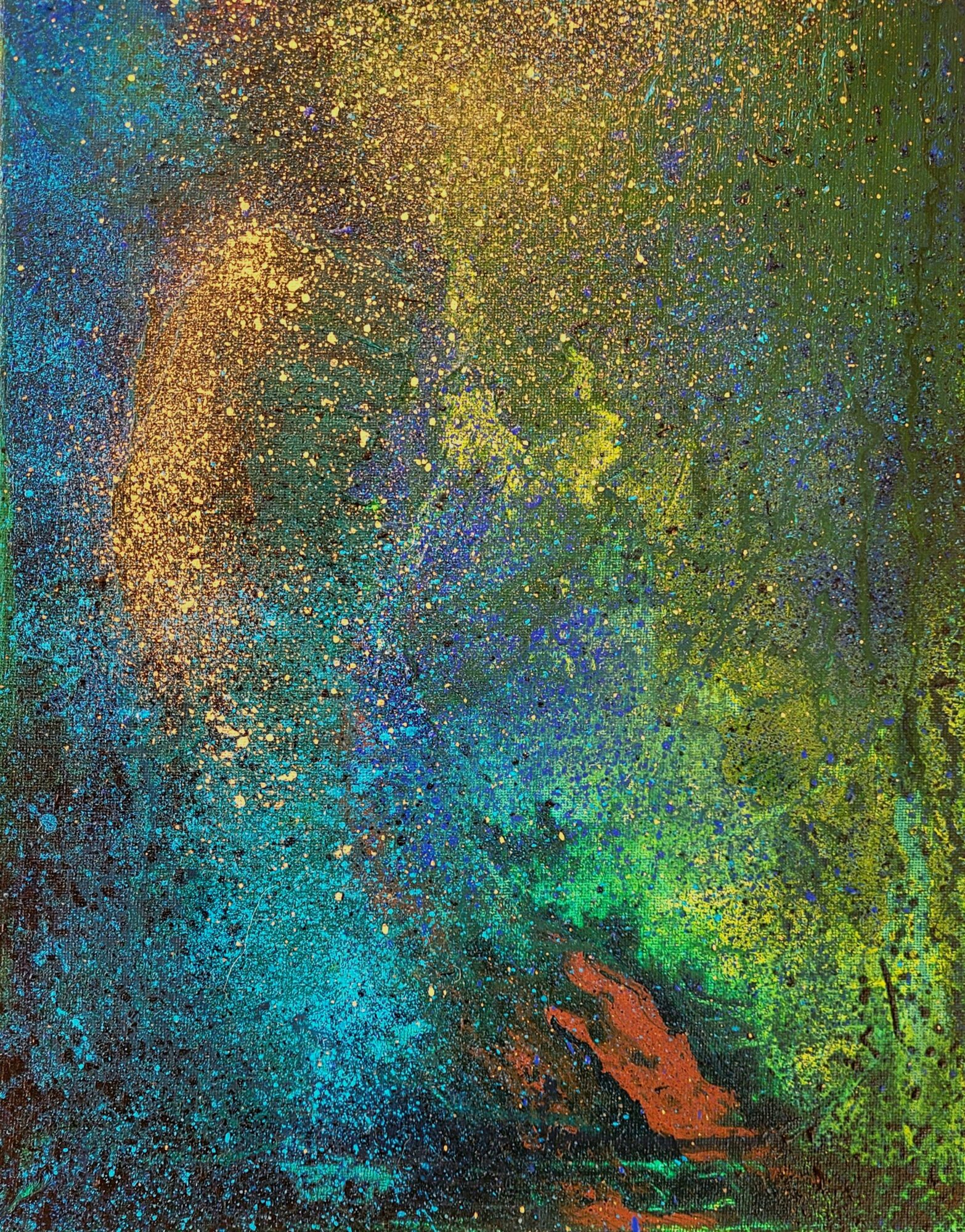 Abstract colorful splatter painting with green, blue, yellow, and red hues, and gold specks, on a dark background.