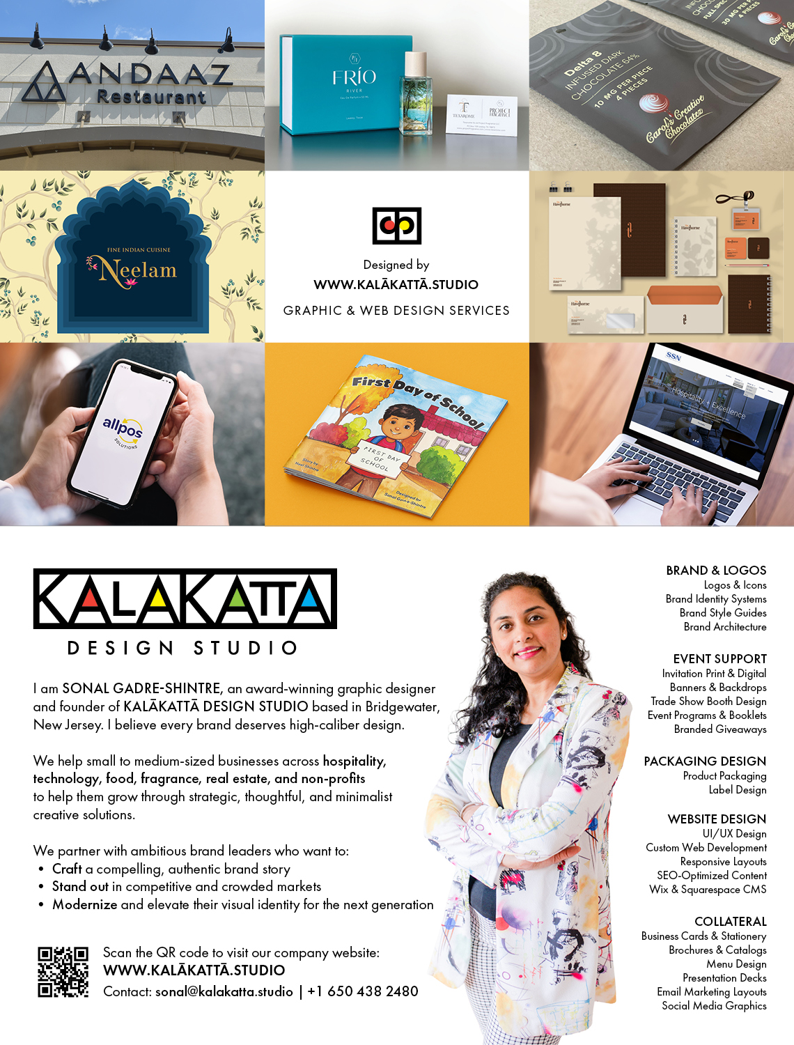 Collage of images including restaurant sign, product packaging, brochure, logo, mobile phone, children drawing, woman with coat, and website screenshot.